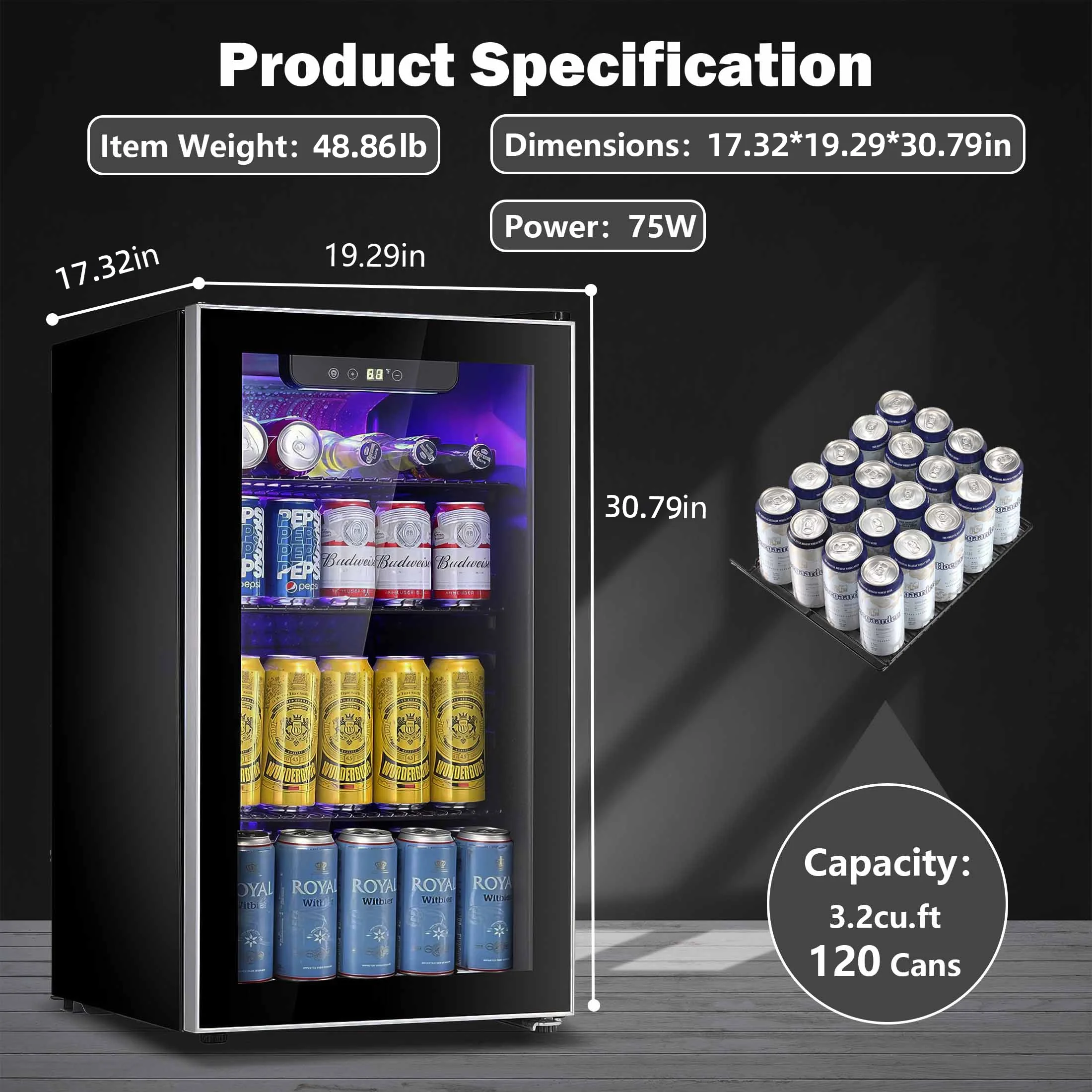 126 Can Beverage Refrigerator and Cooler with Glass Door for Home/Office/Bar-Black(3.2 cu ft) - Image 5