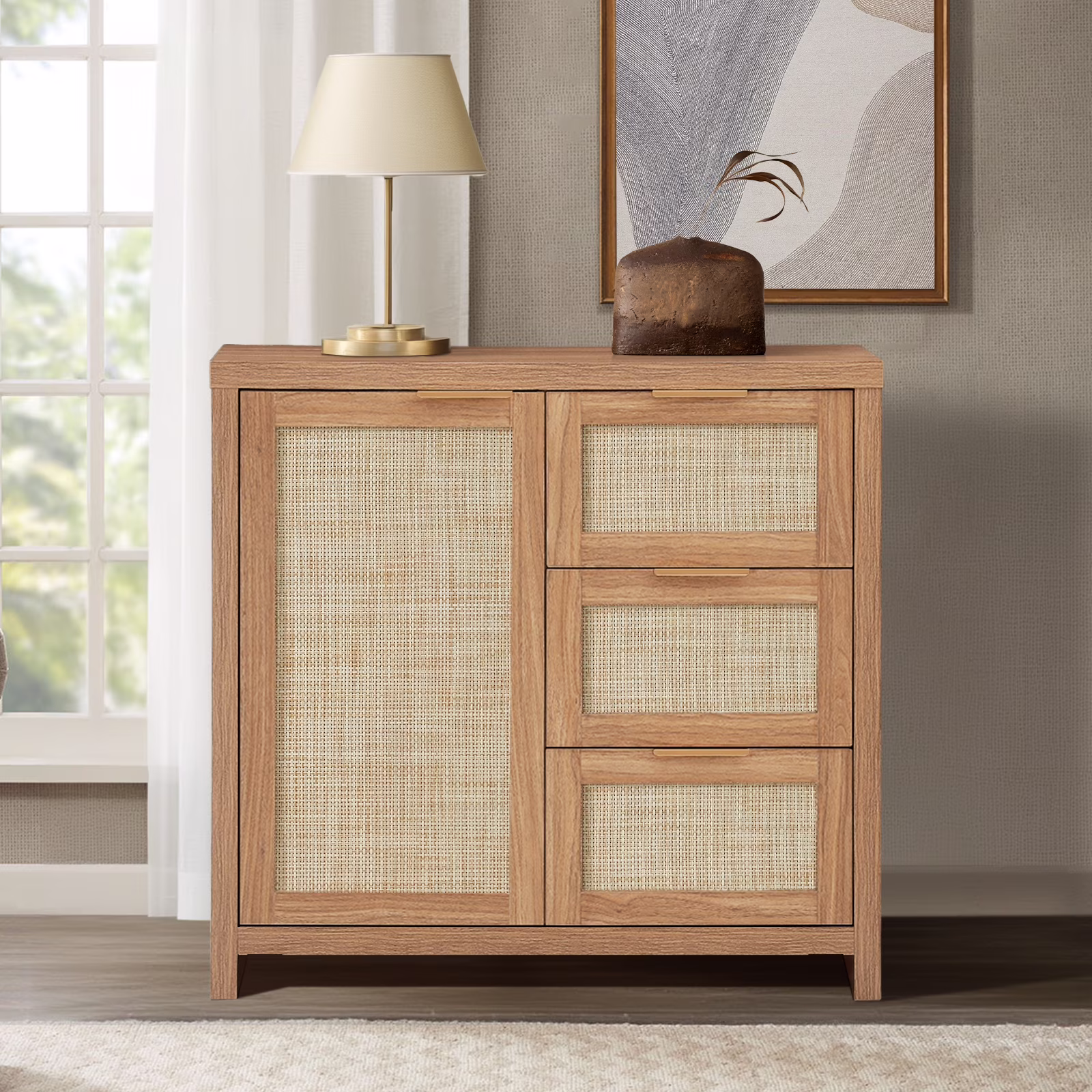 Sideboards and Buffets, Boho Storage Cabinets with Rattan Doors and Drawers, Natural Oak(Classic Walnut)