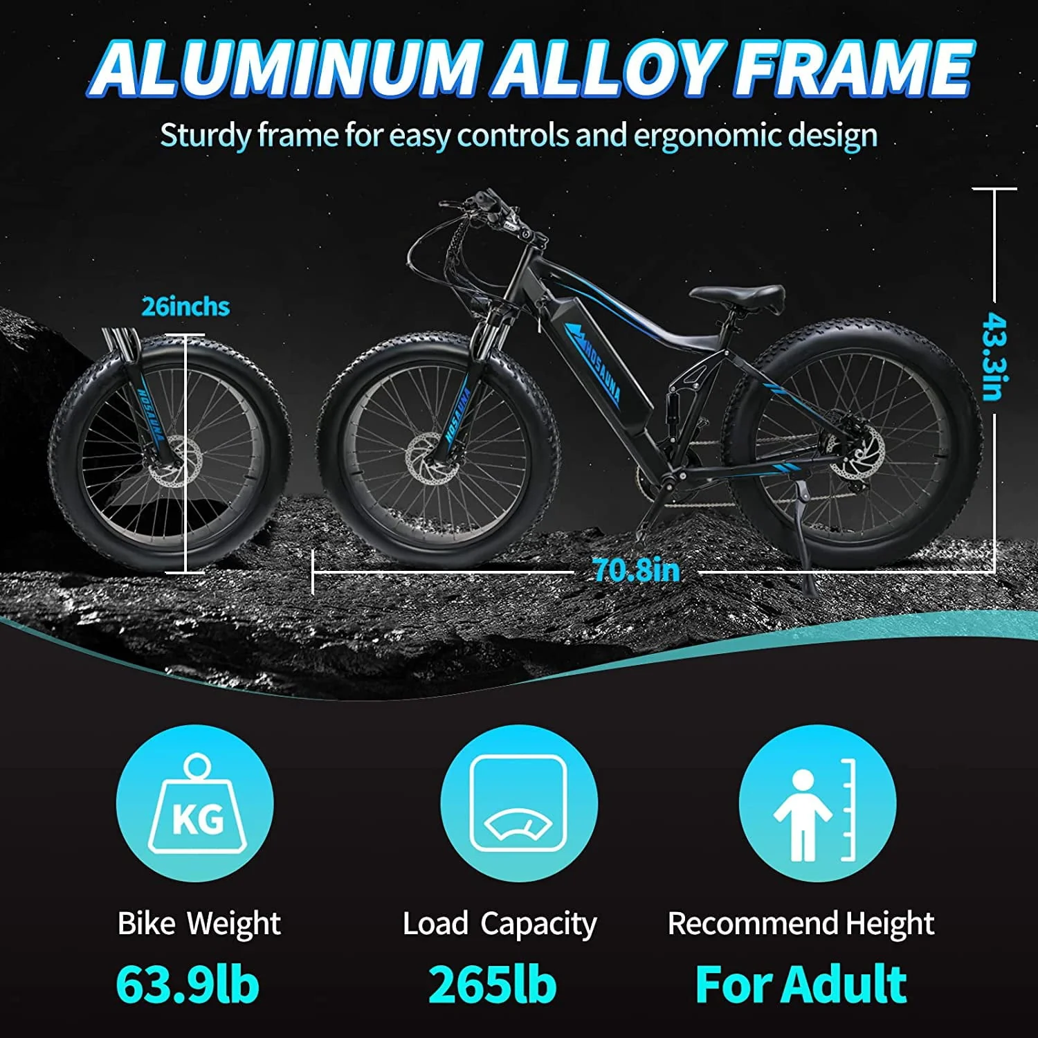 Electric Bike Electric Mountain Bike 500W Ebike26'' Fat Tire Ebike, 28+MPH Adults Ebike with Removable 48V 15ah Battery, Shimano 6 - Speed Black