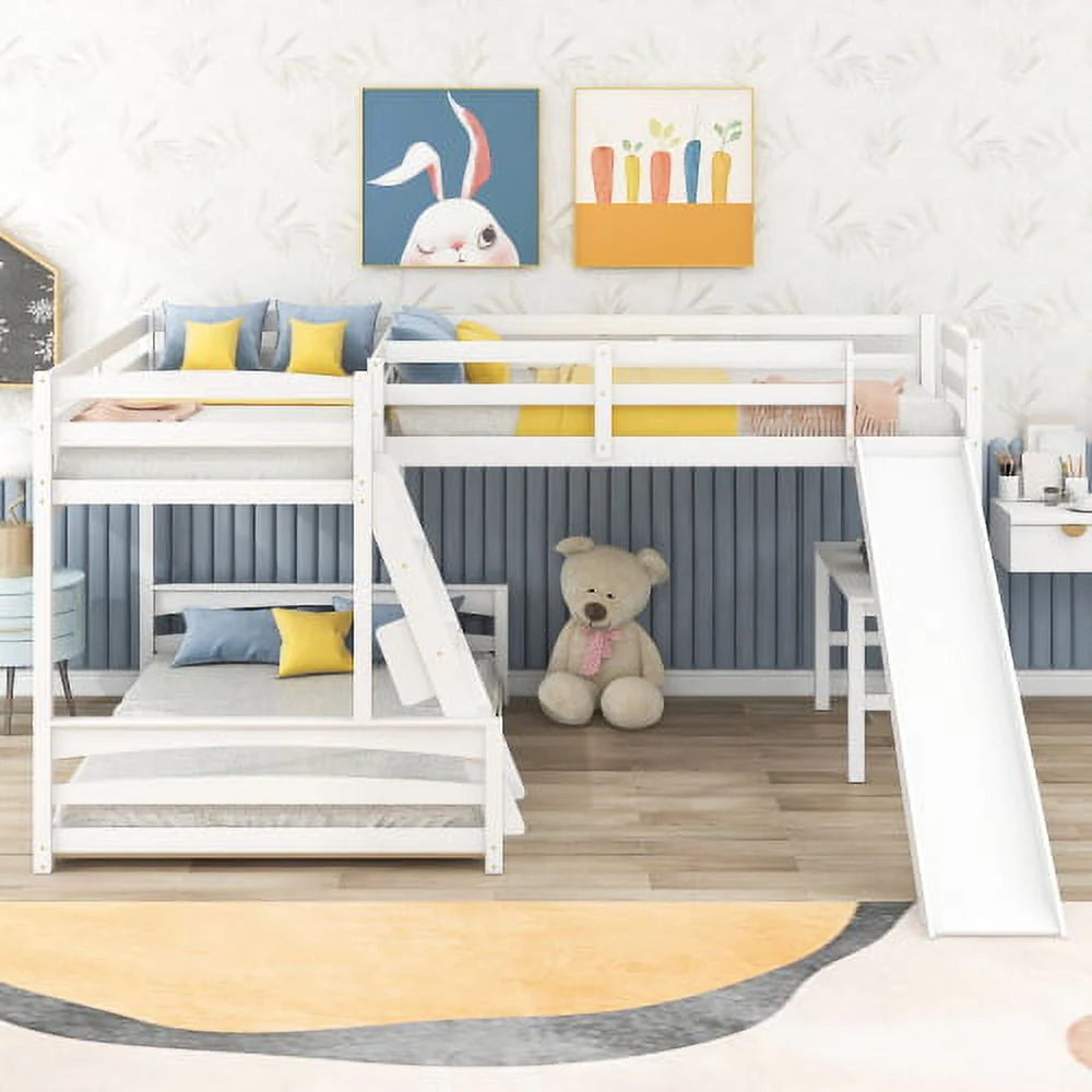 L Shaped Triple Bunk Bed for 5, Twin Over Full Bunk Bed and Twin Size Loft Bed with Built - in Desk, and Slide, Full - Length Guardrail, White
