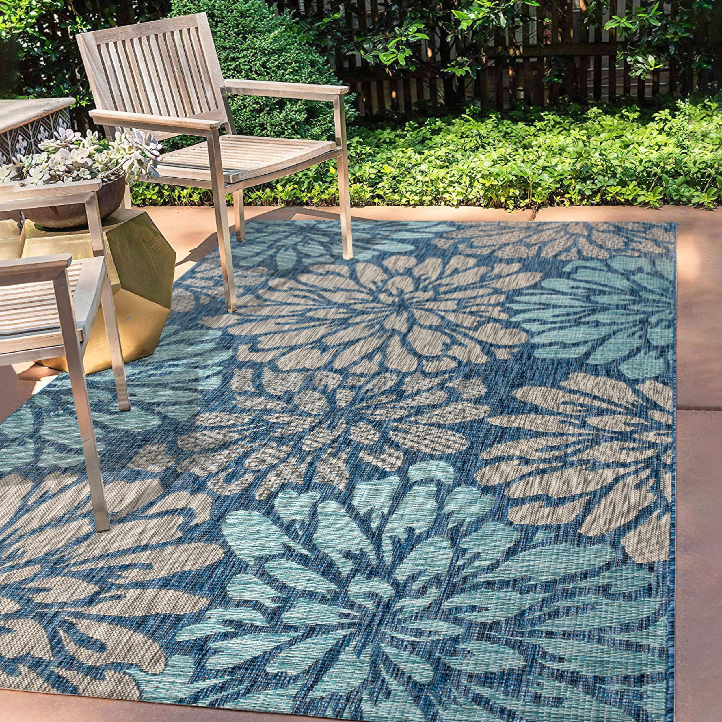 Jonathan Y Zinnia Modern Floral Textured Weave Indoor/Outdoor Area Rug - Navy/Aqua - 4x6 Feet
