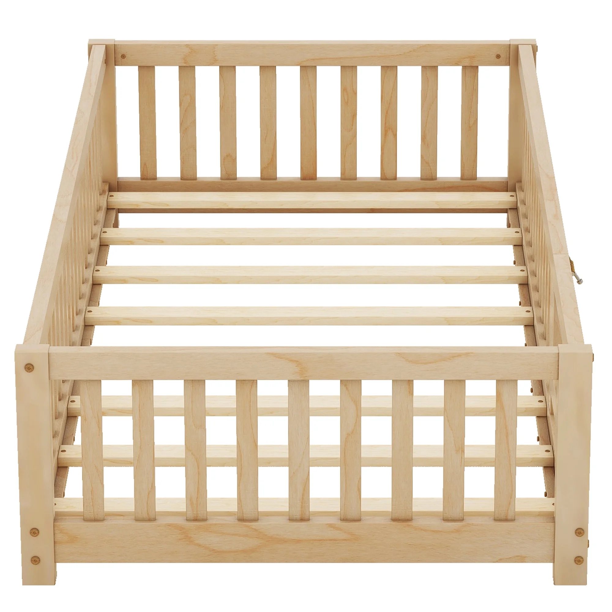 Twin Size Bed Floor Bed with Safety Guardrails and Door for Kids Toddlers, Natural(Twin/Natural) - Image 9