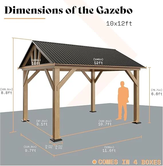 10x12 ft Wood Gazebo, Hardtop Pergola with Metal Steel Gable for Garden, Porch, Pati(10' x 12') - Image 8
