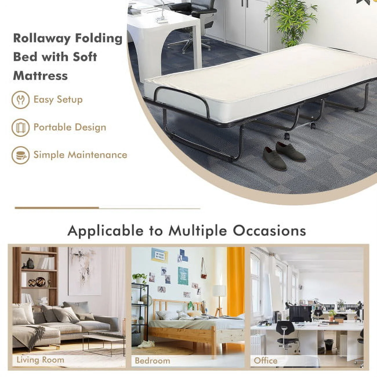 75" x 31" x 13" Folding Bed with Mattress, Rollaway Bed Metal Frame on Wheels, Portable Foldable Guest Bed for Adults, Cot Size Fold up Bed with Memory Foam Mattress - Image 10