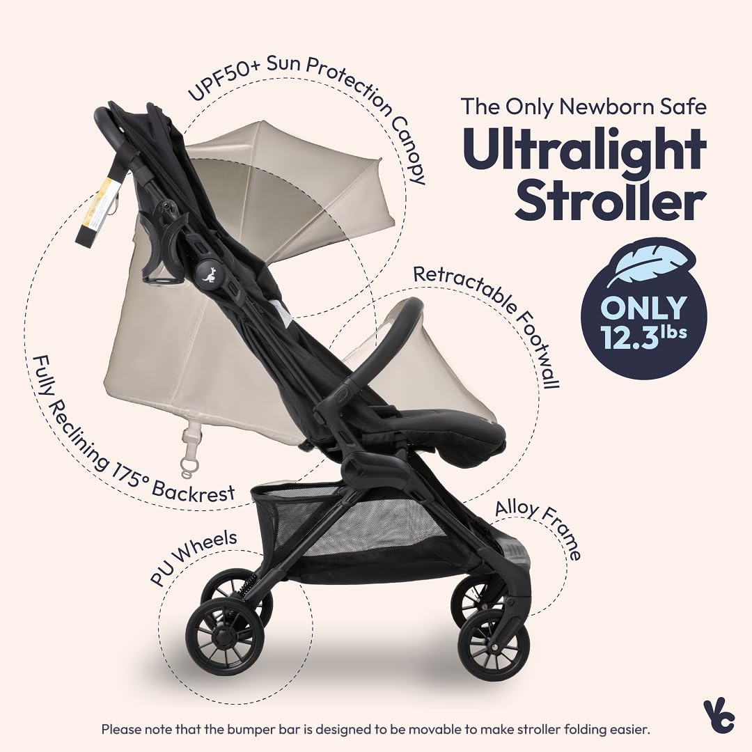 BabbleRoo Hoplite Compact Stroller – Lightweight Travel Stroller for Airplane (12.3 lbs), from Birth to 55 lbs, Easy Fold, PU Wheels, Alloy Frame, Near-Flat Recline, Cup Holder, Baby Stroller