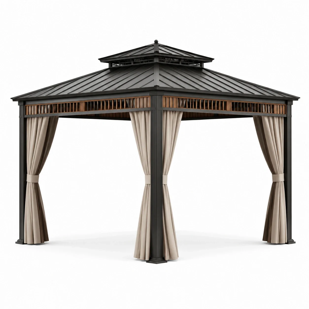 Pavillon de jardin en aluminium avec rideaux en polyester noir et beige - 2026