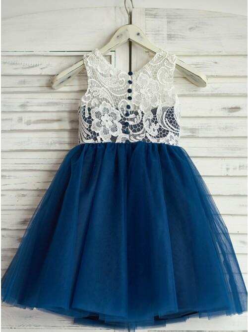 A-Line Round Neck Navy Blue Tulle Flower Girl Dress with Lace DMP18
