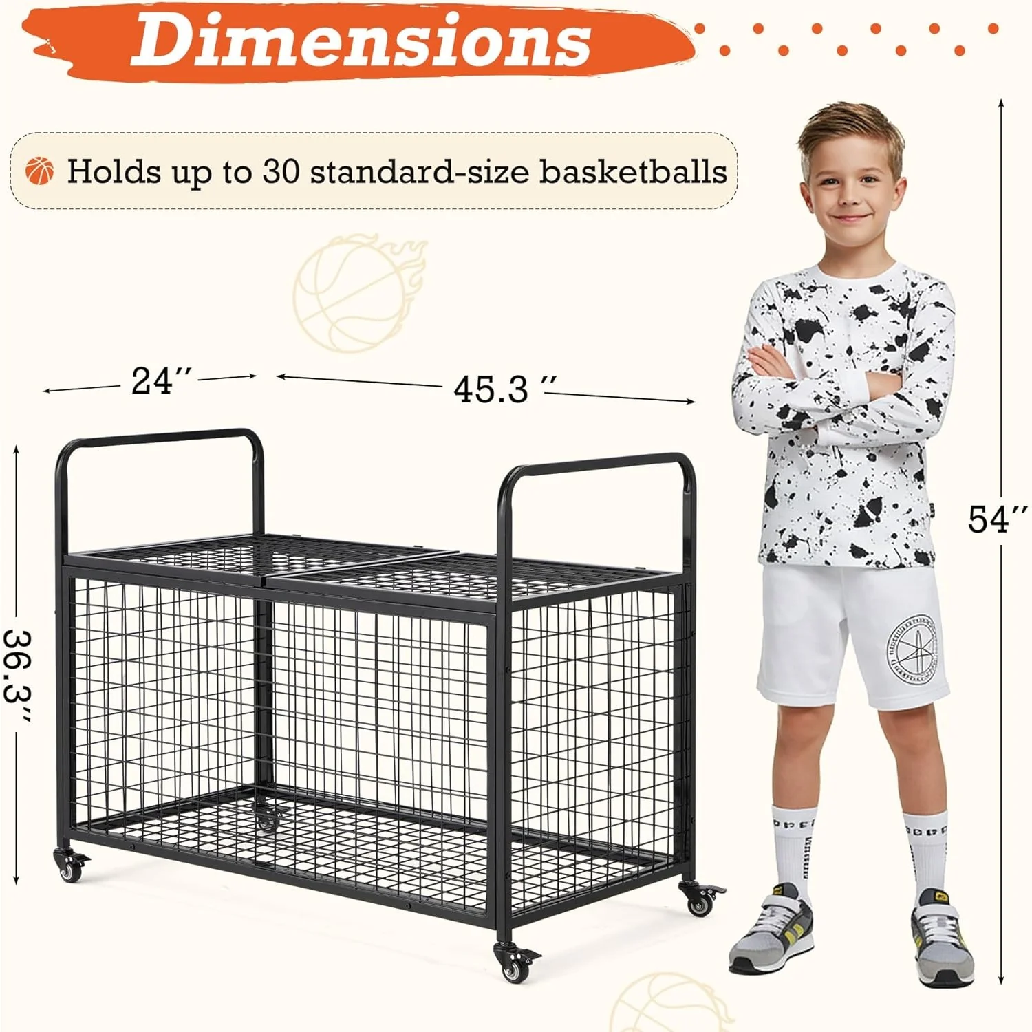 AECOJOY Ball Cart Storage, Rolling Basketball Bin with Wheels for Garage, School, Gym, Sports Equipment and Toy Organizer, Extra Large
