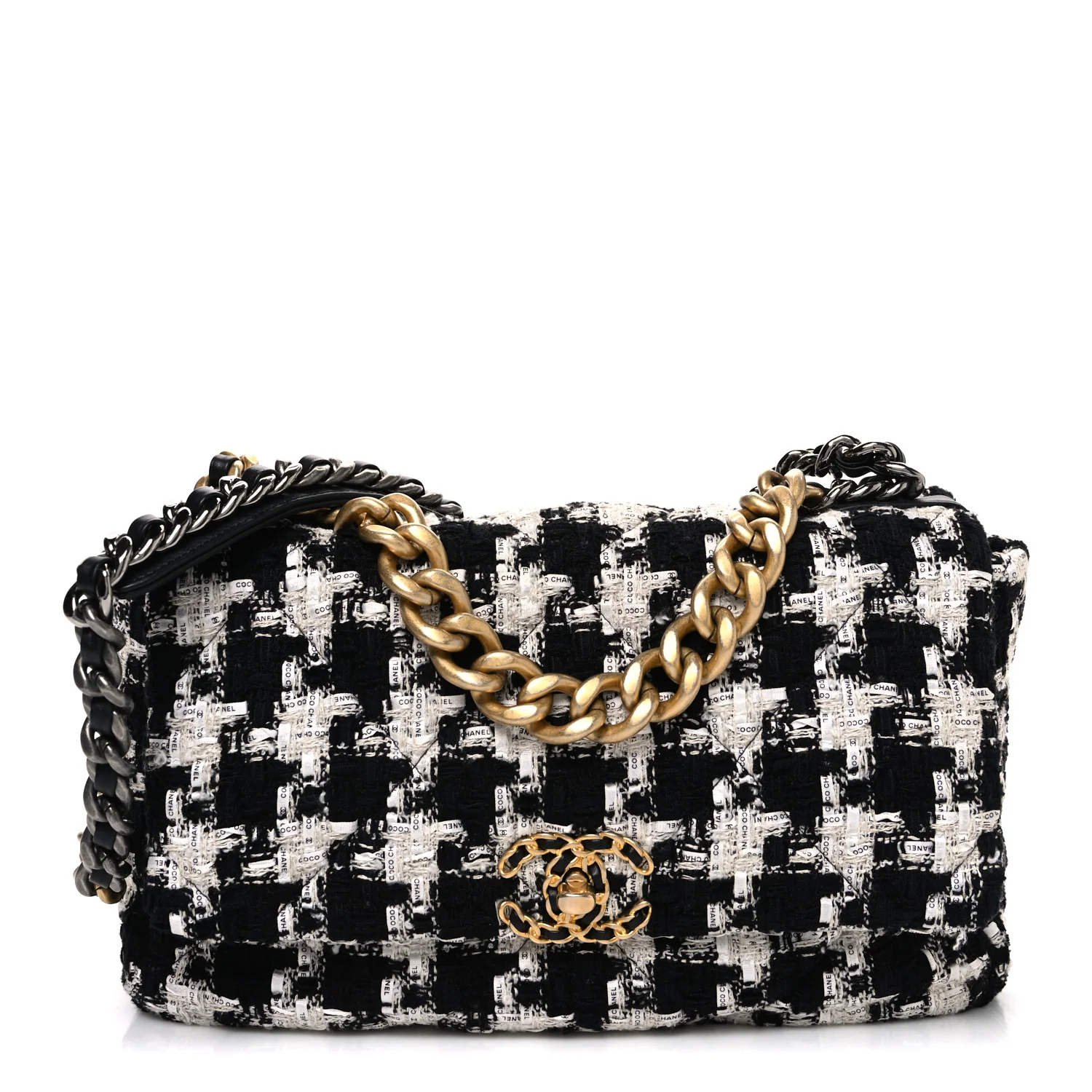Tweed Quilted Large Chanel 19 Flap Black Ecru White