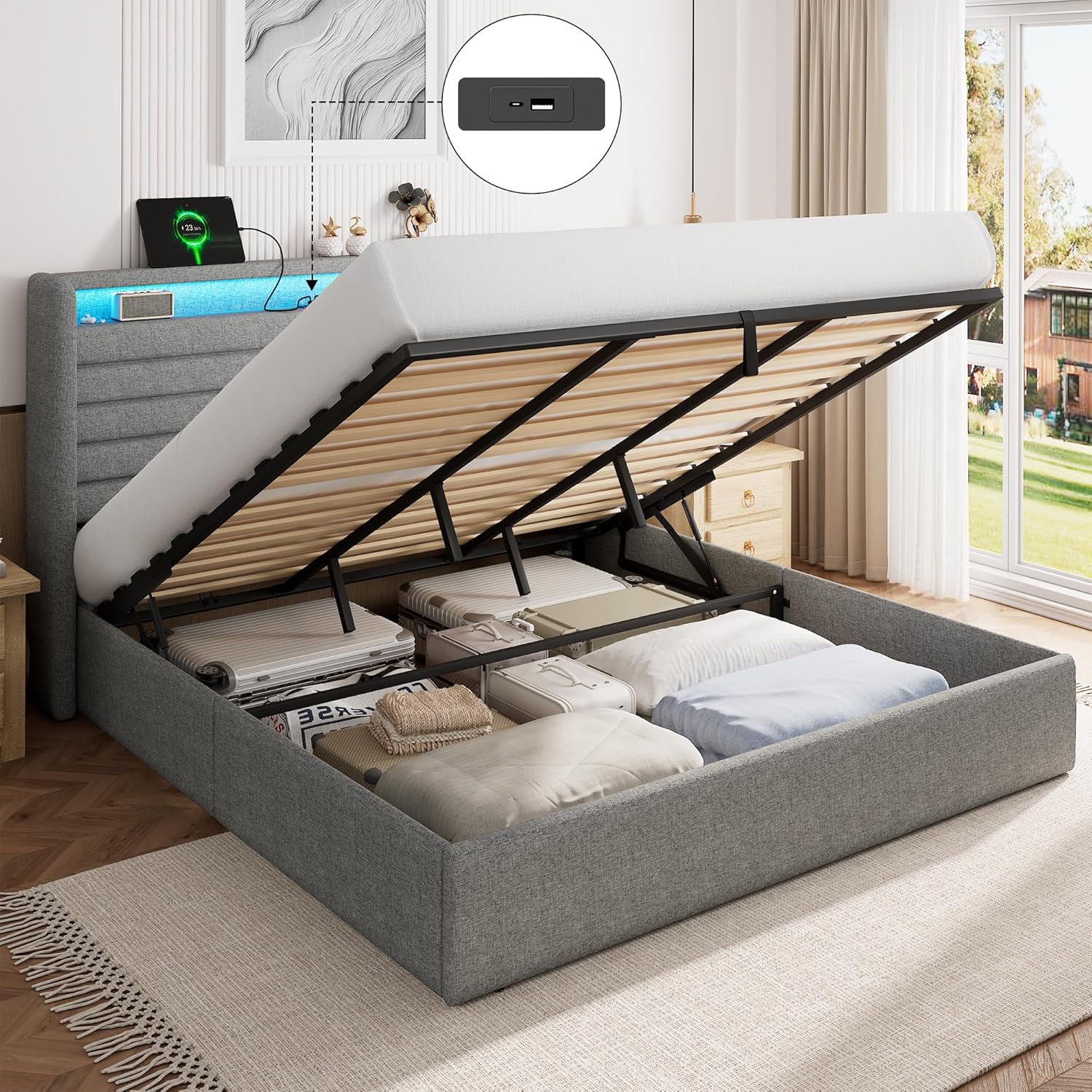 FEONASE Bett 180x200 mit Stauraum, Polsterbett 180x200 cm mit LED-Beleuchtung & Ladestation, Bettgestell mit Hydraulischem und Leinen Kopfteil Stauraum, Lattenrost, Ohne Matratze, Hellgrau