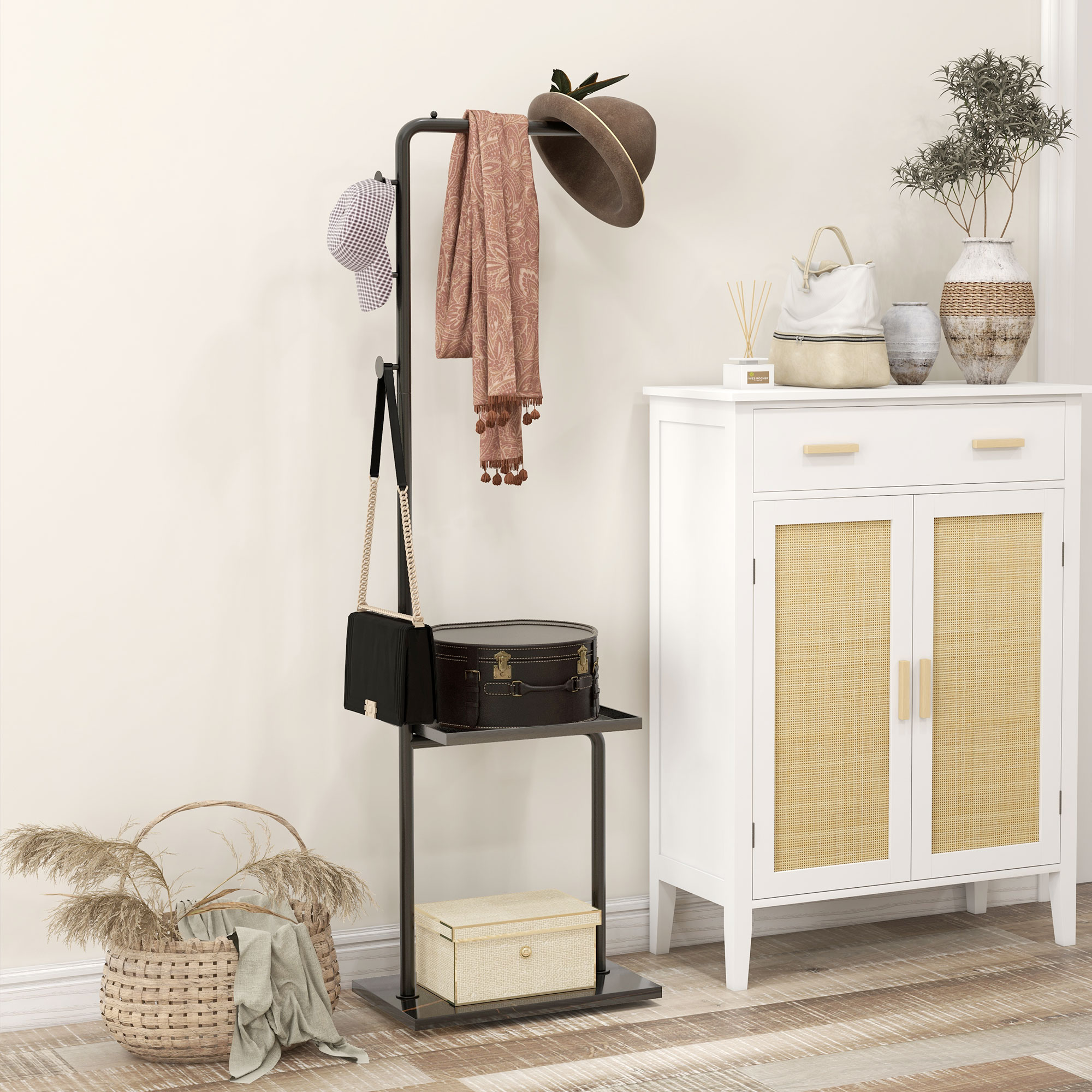 HOMCOM Kapstok met Kledingstang, 3 Haken, Opbergvak, Kunststeen Basis, Zwart