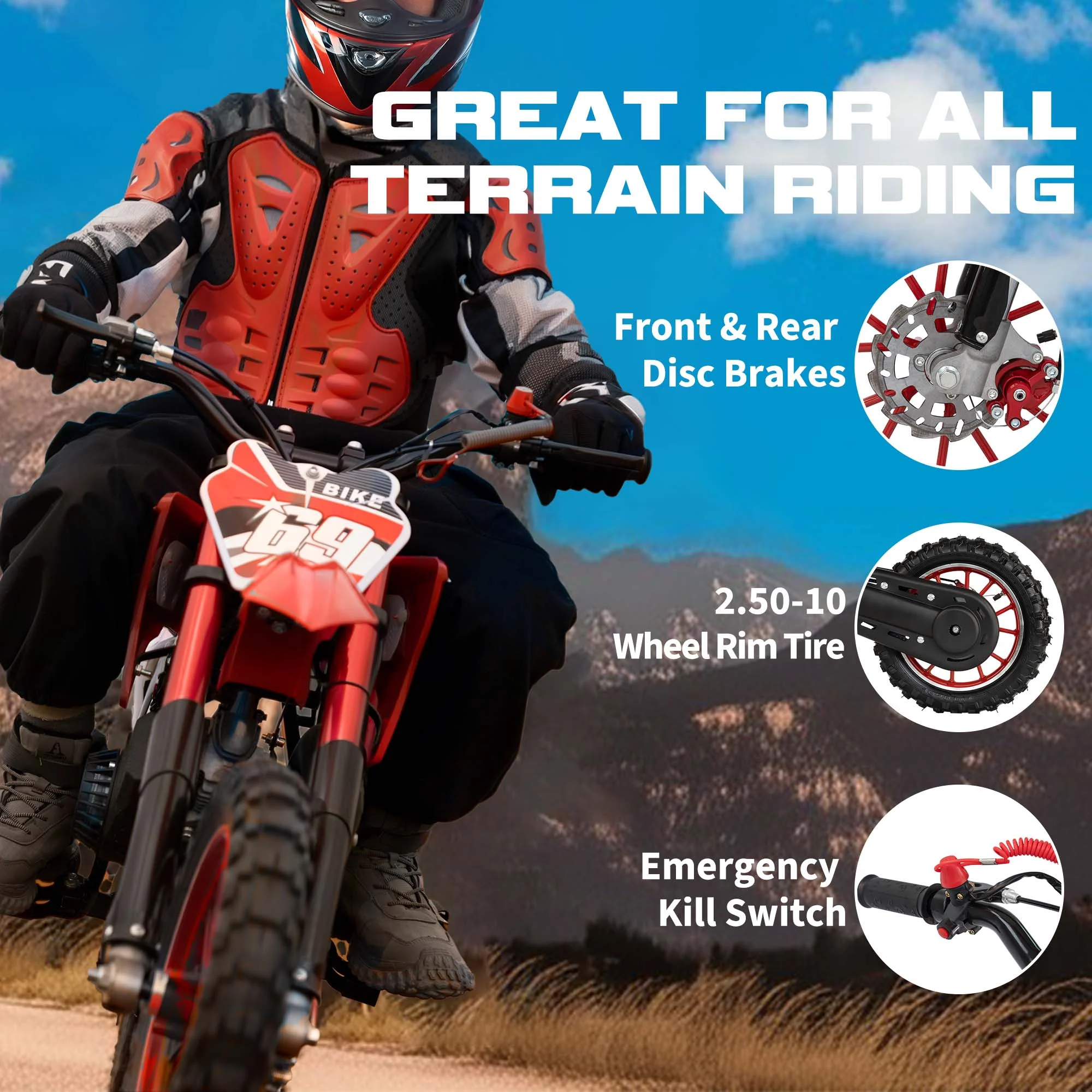 49CC Kids Dirt Bicycle, 2-Stroke Gas Powered Off Road Motorcycle, Tire Shock Absorber Spring Soft Seat Cushion with Front and Rear Disc Brake, Max Speed 28 MPH(Basic) - Image 4
