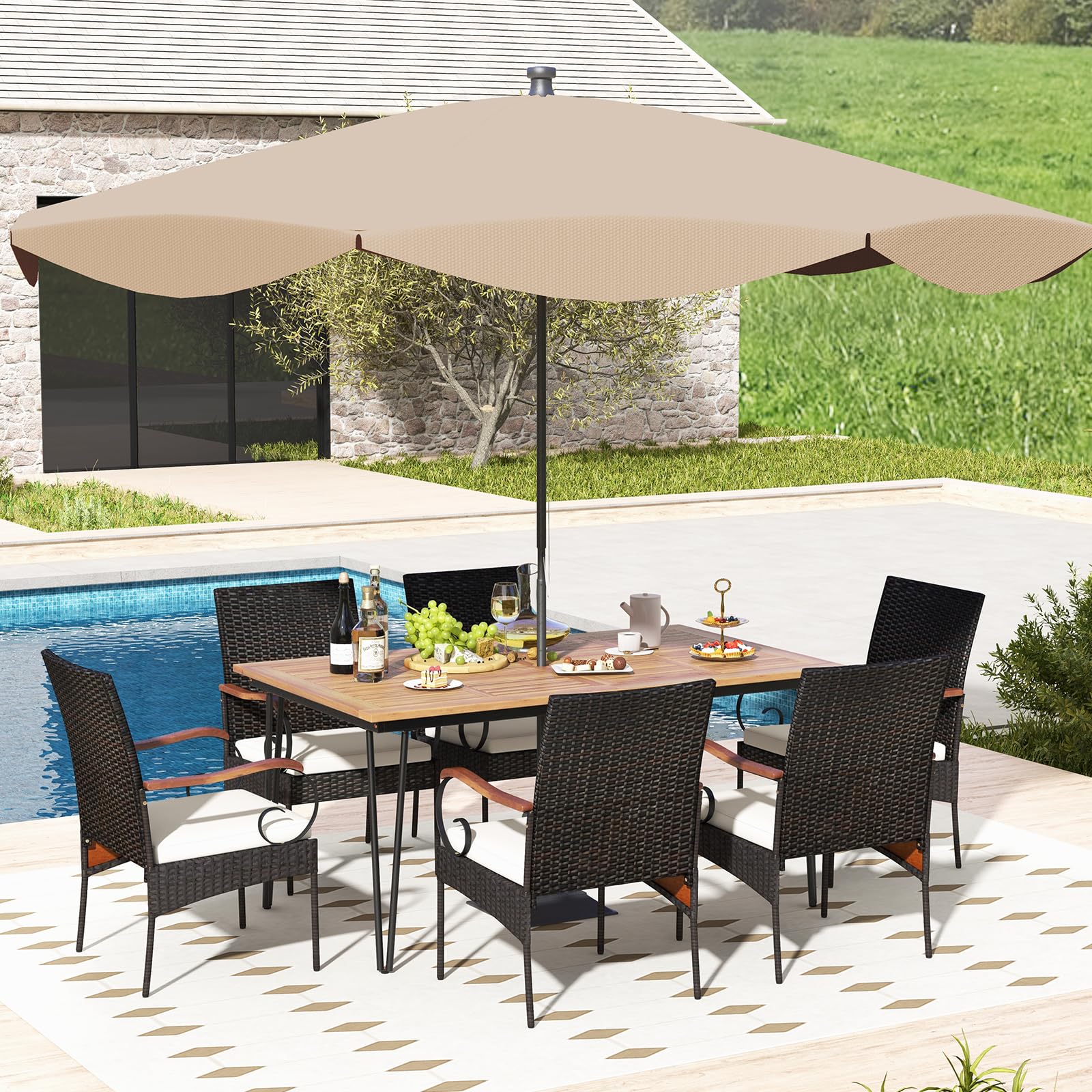 Tangkula 7 Pieces Patio Dining Set with Acacia Wood Dining Table, Rattan Armchairs, Soft Cushions