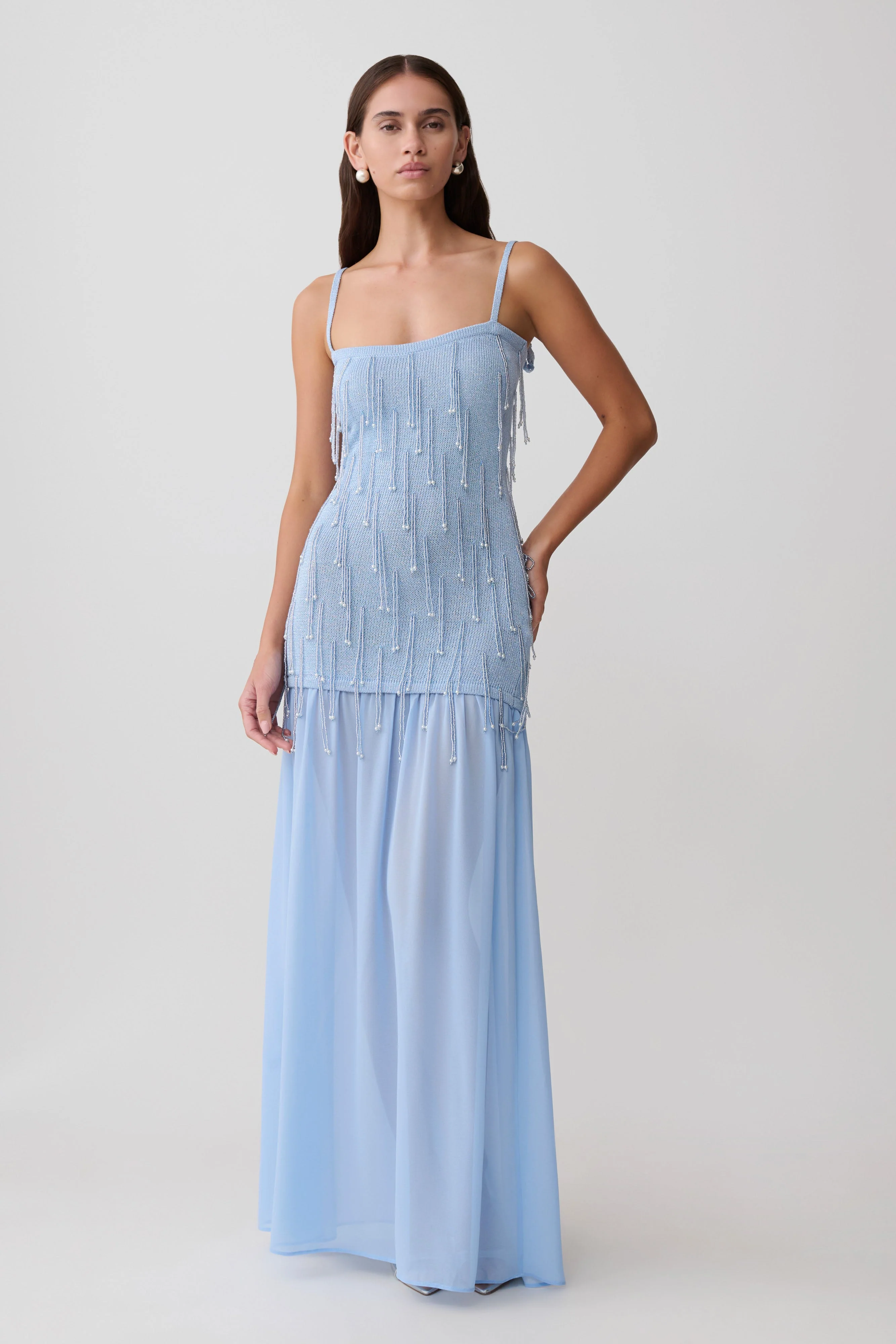 Belinda Beaded Knit & Chiffon Maxi Dress - Light Blue