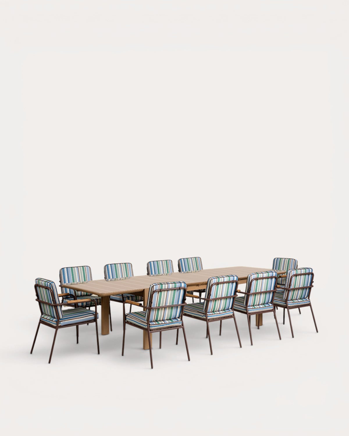 Set Ubel - Edimbra - Set de Mesa Extensible Rectangular de Madera (225-330x100 cm) Ubel y 10 Sillas con Reposabrazos de Metal Edimbra de Exterior
