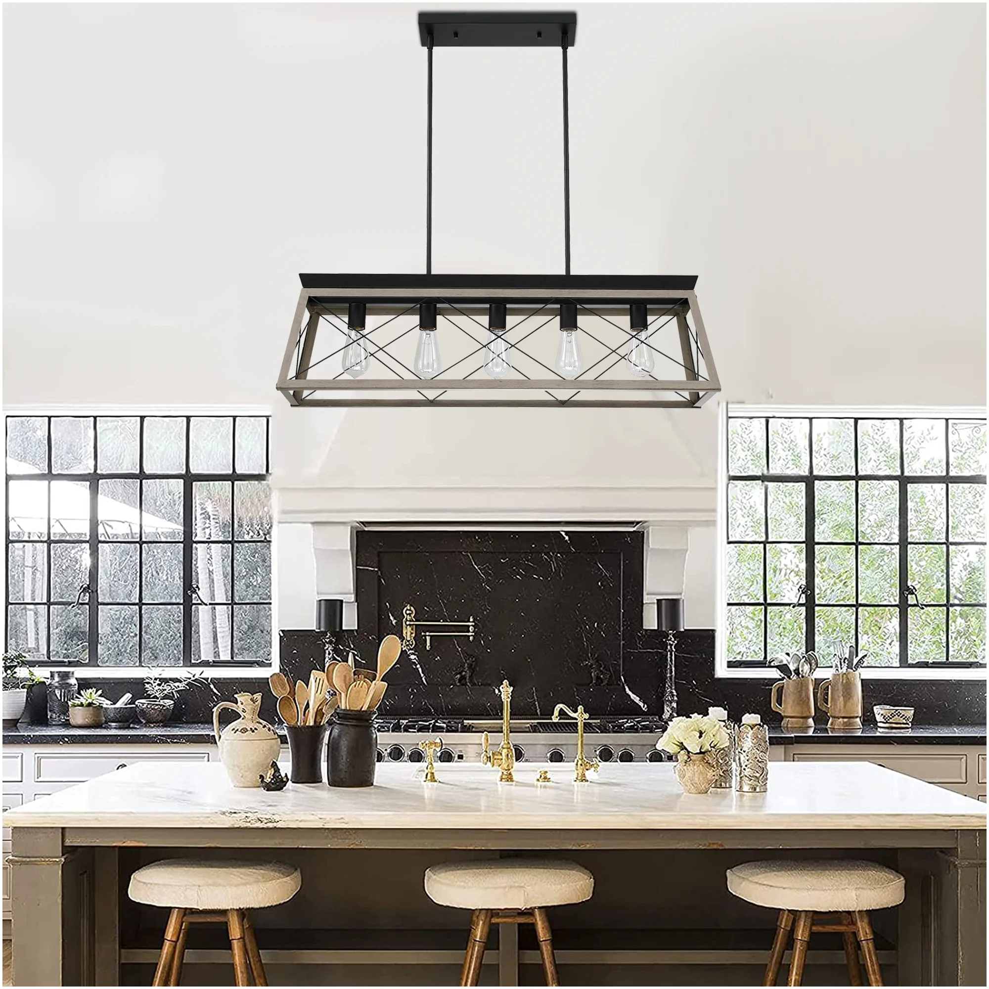 5-Light Farmhouse Matte Black Chandelier Industrial Pendant Lighting for Kitchen Island for Dining Room, Living Room