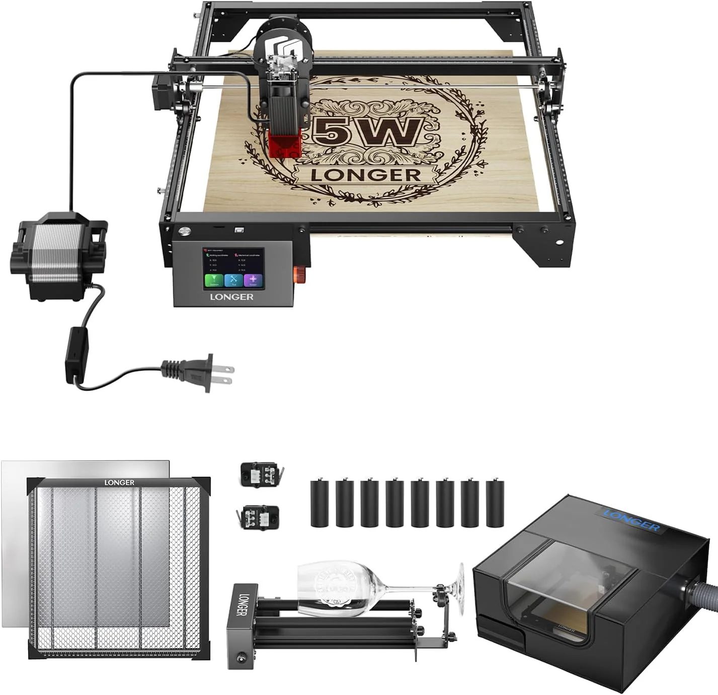 Découpeuse et graveuse laser RAY5 5W (longueur supérieure) pour gobelets, avec rouleau rotatif, plateau de travail de 44 x 44 cm, enceinte ventilée et pompe à air. Graveuse laser pour bois, métal et acrylique.