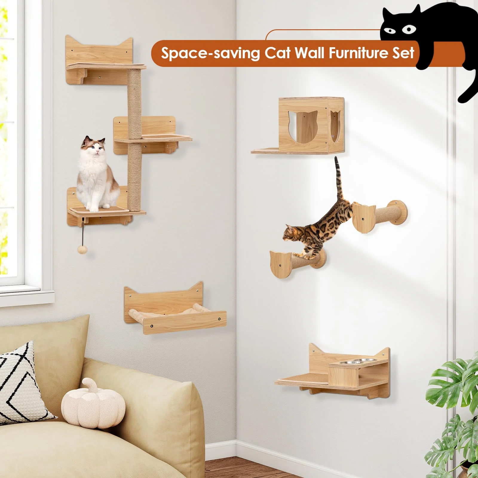 Tangkula 6 Pieces Cat Wall Furniture Set Kitten Wall Mounted Shelves