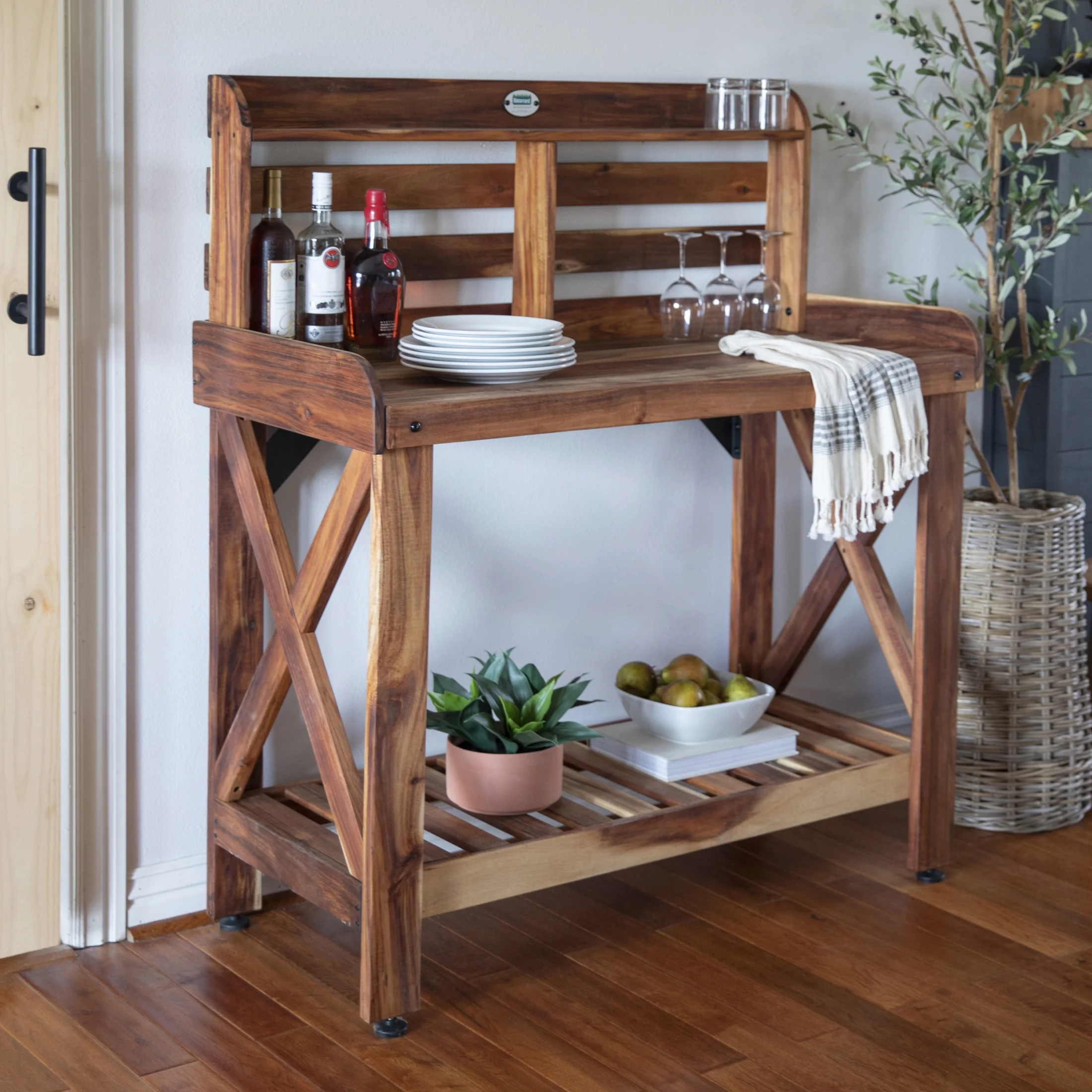 47" Acacia Wood Garden Potting Bench Serving Bar, Storage Shelf - Image 5