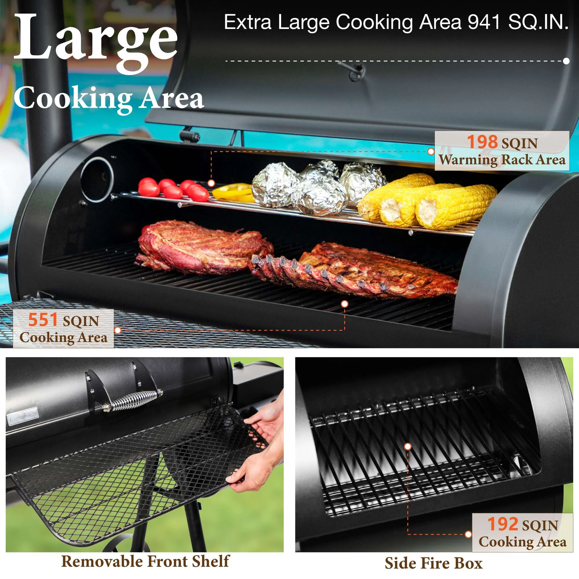 Charcoal Grill with Offset Smoker 941 sq.in. Extra Large BBQ Grill Black(35 in) - Image 10