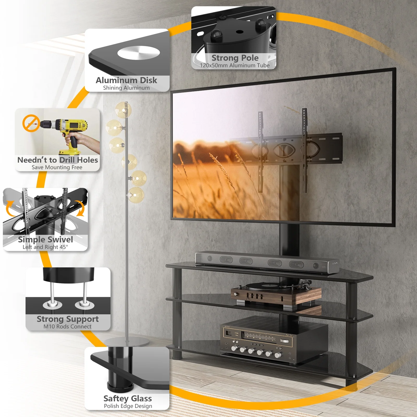 Modern 3 in 1 TV Stand with Mount for Flat Screens up to 65 inch, Black Glass Corner TV Stand for Bedroom(up to 70") - Image 3