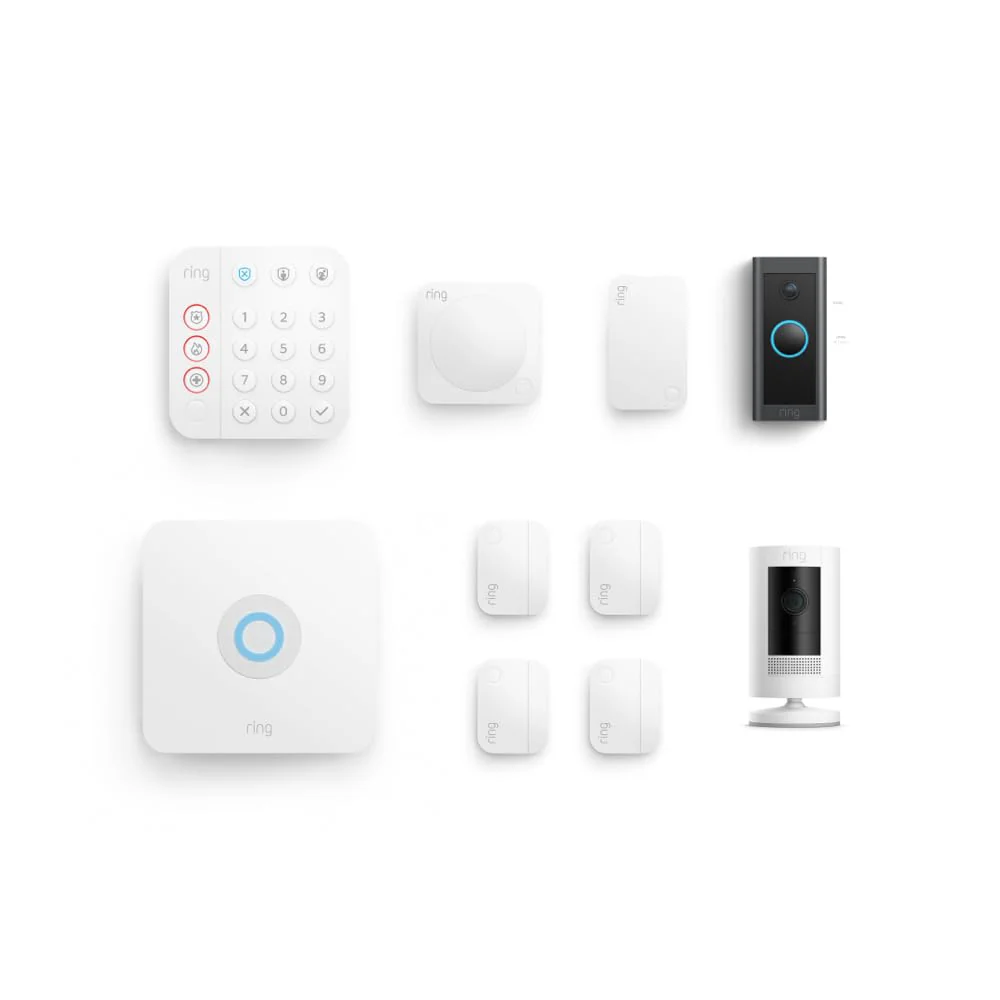 Doorbell Wired with Ring Stick Up Cam (White) and Ring Alarm 8-piece (White)
