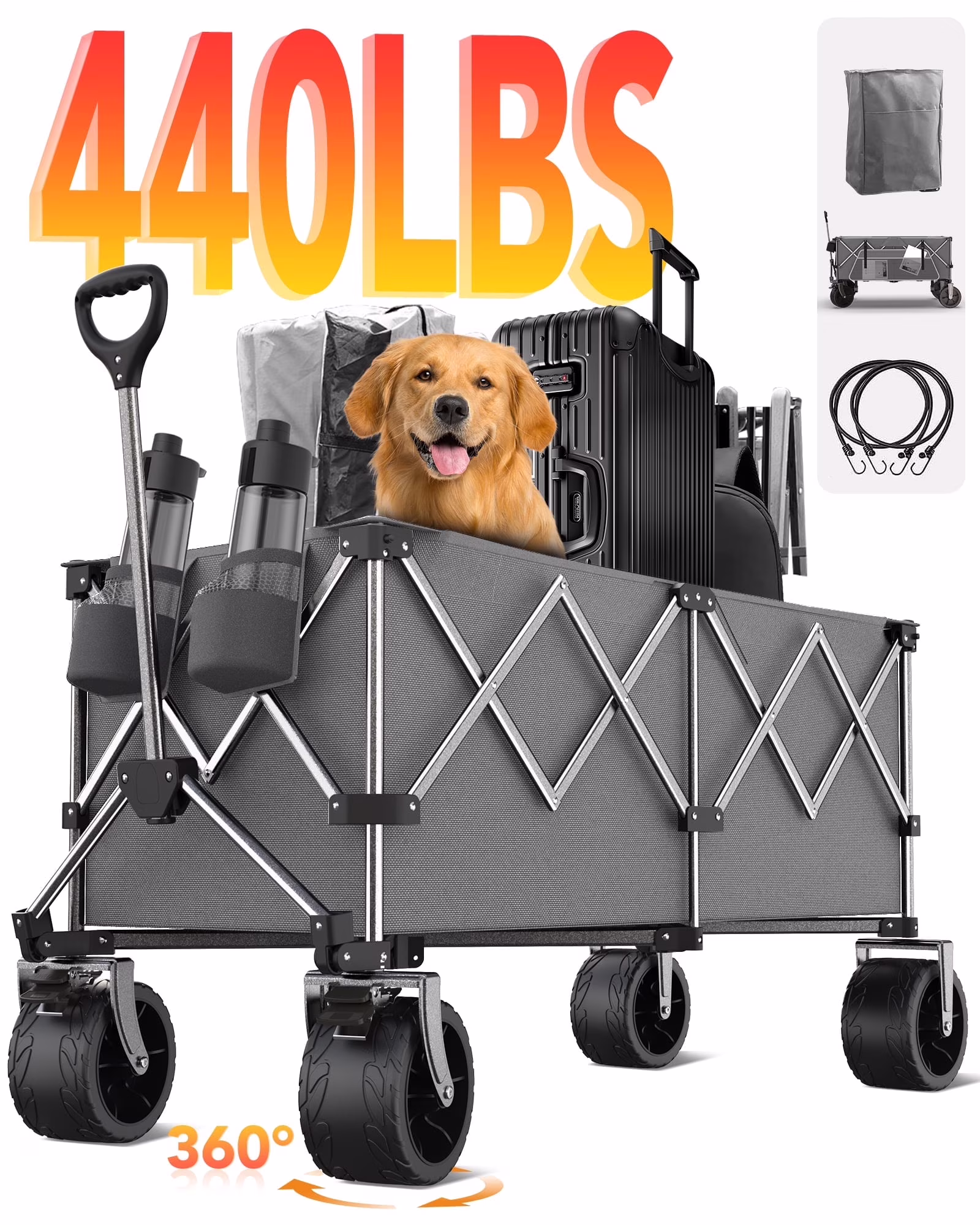 Collapsible Wagon, 440LBS Heavy Duty Wagon Carts Foldable with Side Pocket and Brakes, 66 Gallon Large Capacity Foldable Wagon-gray(Gray)