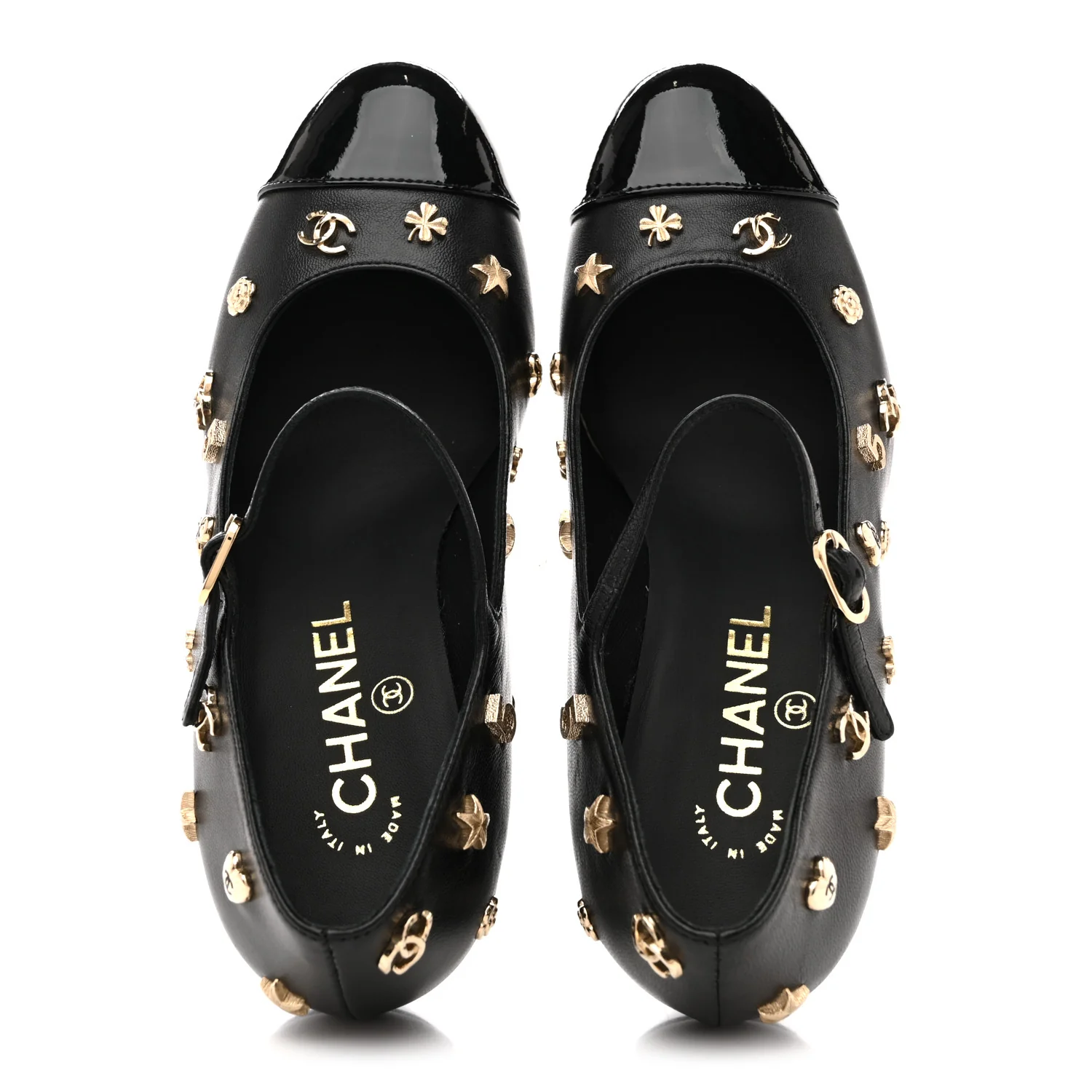 Lambskin Patent Cap Toe Charms Mary Jane Pumps 36.5 Black