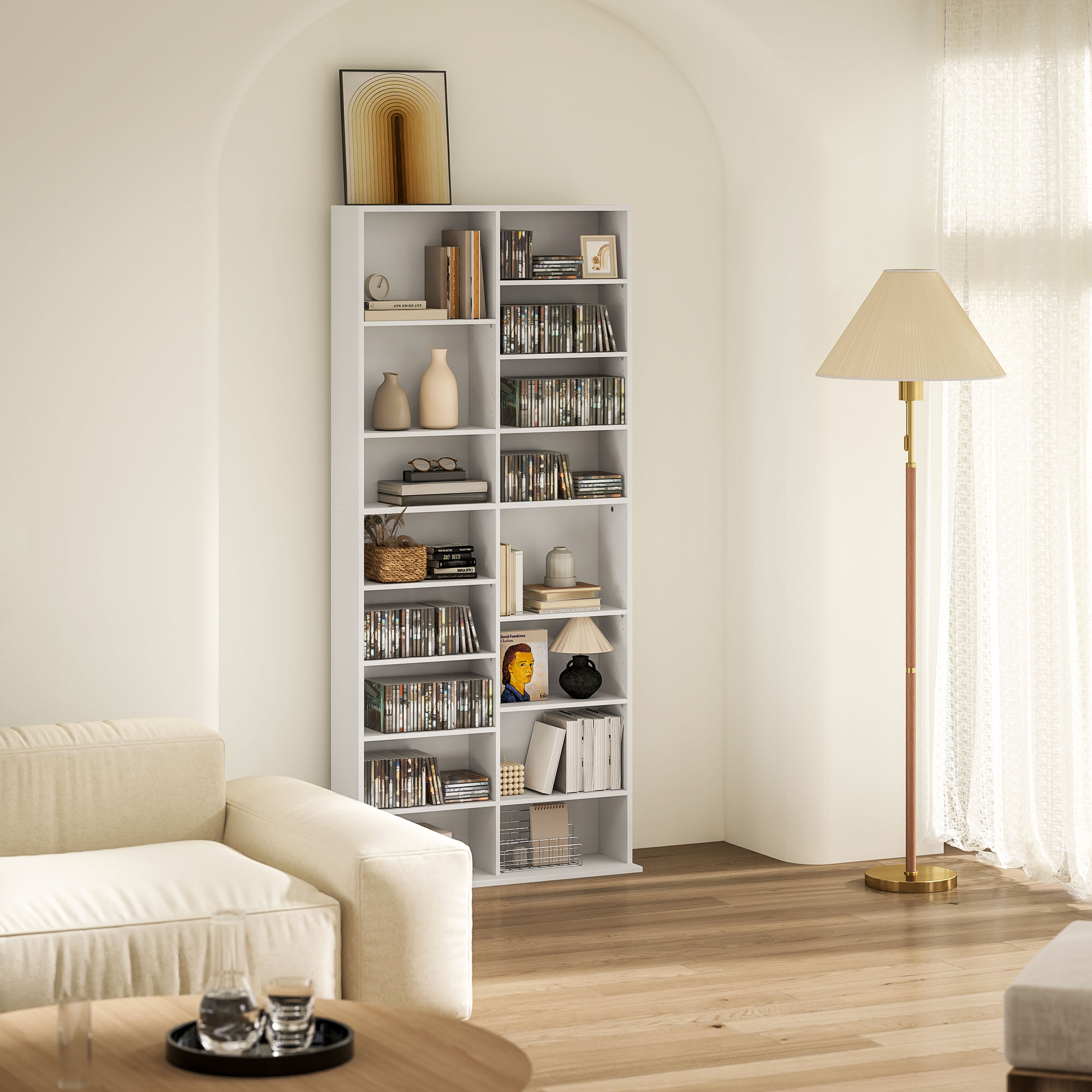HOMCOM DVD-Rek, CD-Opslagrek, 14 Aanpasbare Planken, 18 Vakken, 175 cm, Blu-ray-Rek, Spaanplaat, Wit