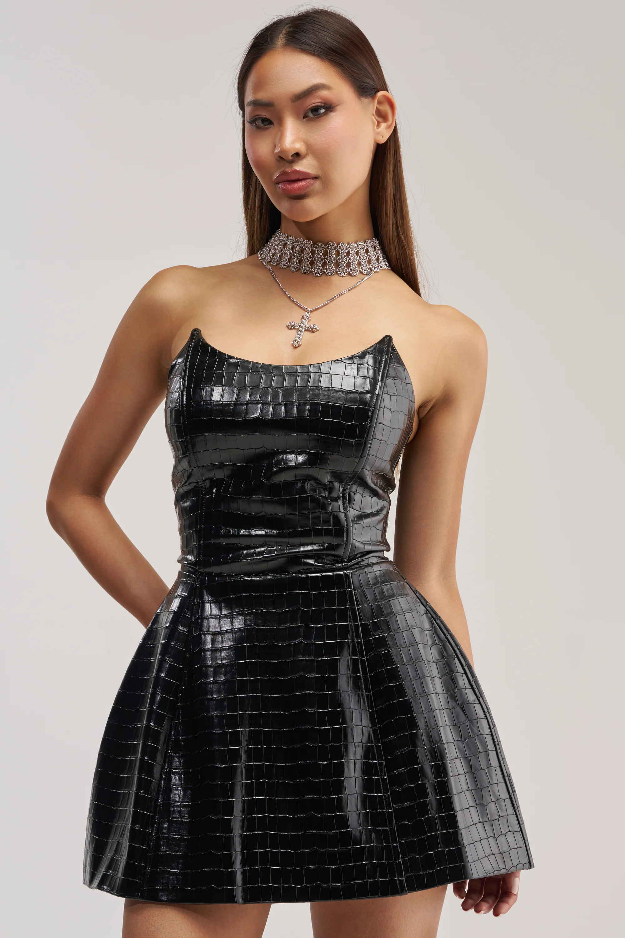 JUST WHAT I NEED TEXTURED PU MINI DRESS IN BLACK - Akira Store