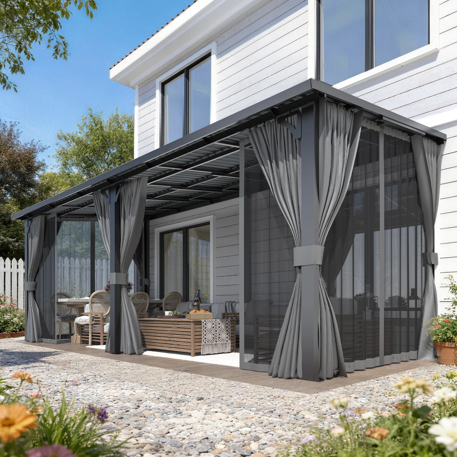 AECOJOY 20'x8' Outdoor Hardtop Metal Gazebo with Curtain and Netting