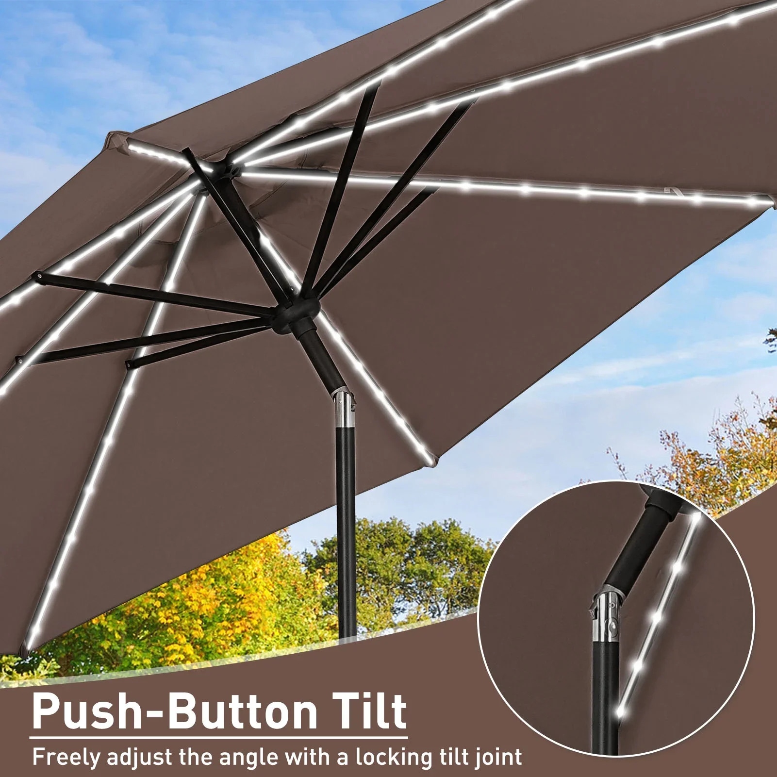 Autlaycil 10 FT Solar LED Lighted Patio Umbrella with LED Table Umbrella with 8 LED Strip Lights, Fade-resistant & Waterproof for Garden, Backyard, Poolside, Push Button Tilt (Blue)