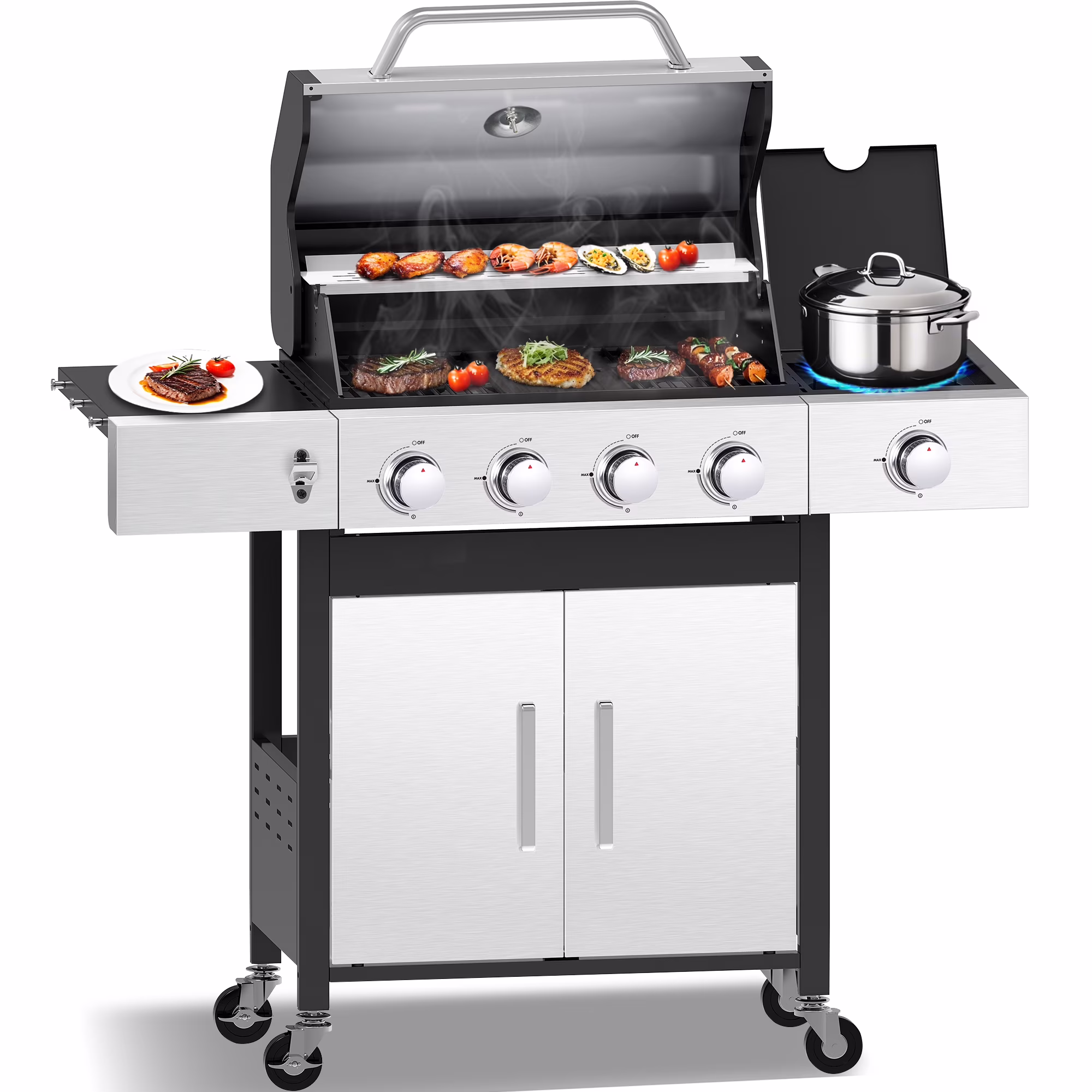 CIG GARDEN 4 Burner Propane Gas Grill with Side Burner, Double-layer Stainless Steel BBQ Grill Lid with Cast Iron Grates and Thermometer, Outdoor Barbecue Grill with 52,000 BTU Output