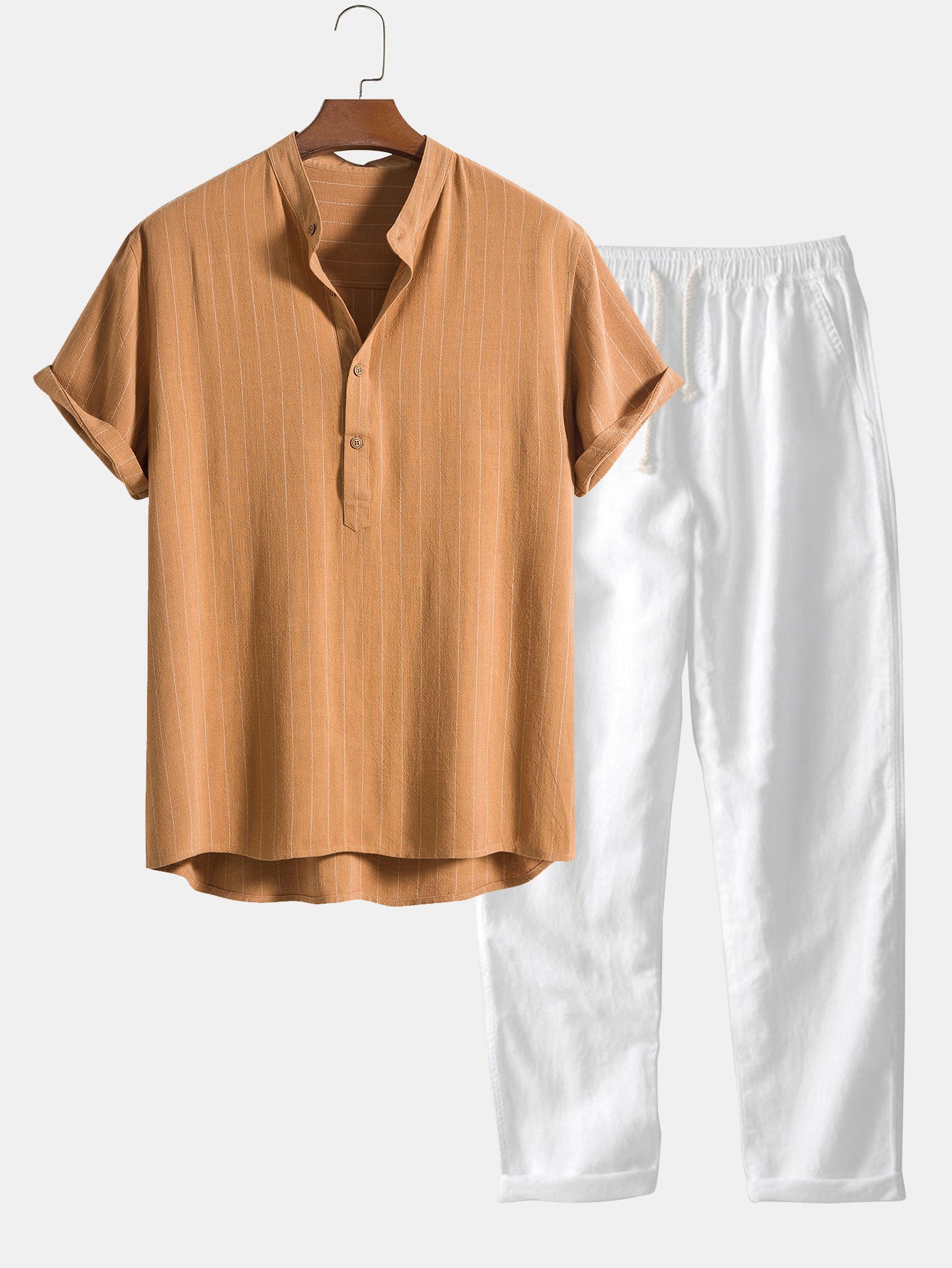 Chemise à col Henley rayée en lin mélangé, patte de boutonnage semi-ouverte, et pantalon droit en lin.