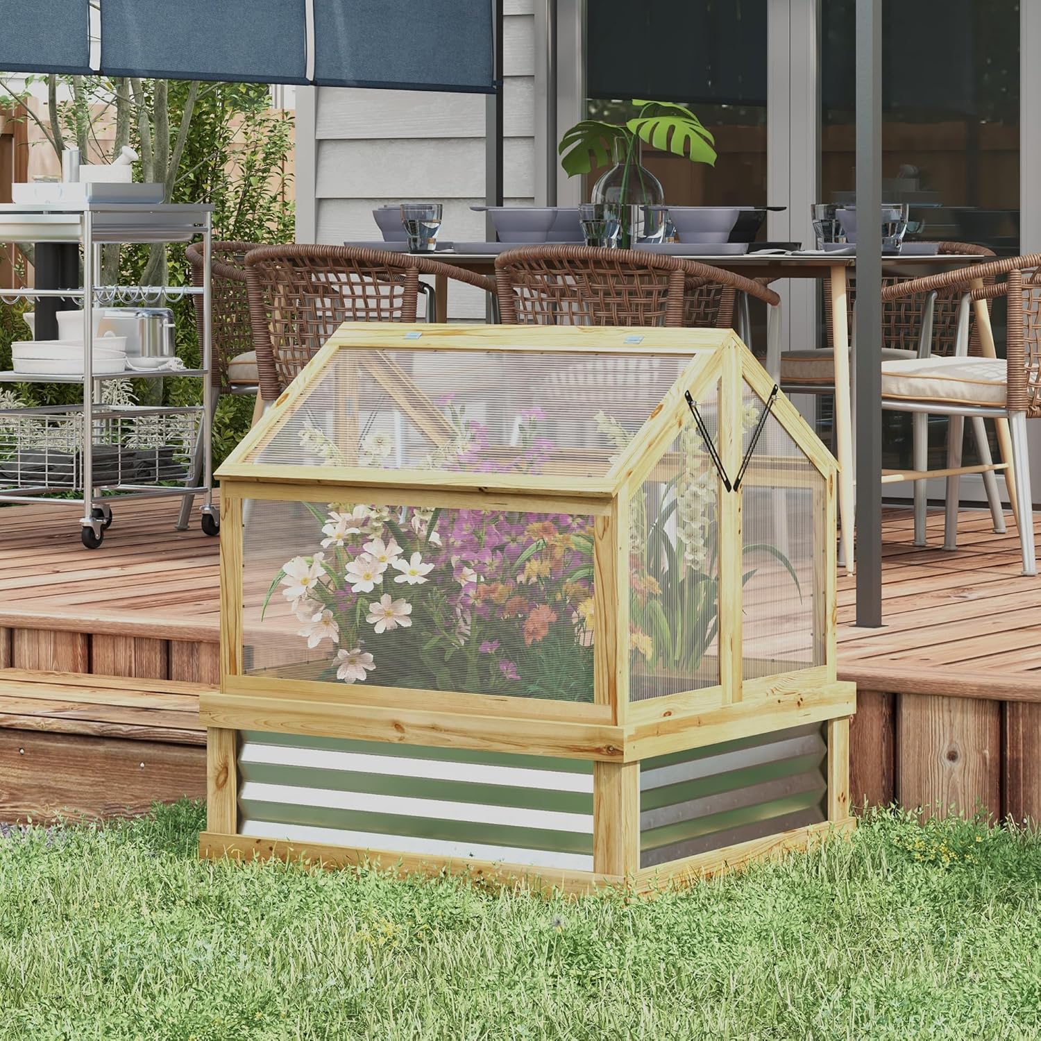 Raised Garden Bed with Polycarbonate Greenhouse, Wooden Cold Frame Greenhouse, Garden Flower Planter Protection, Peak Roof, 35.5