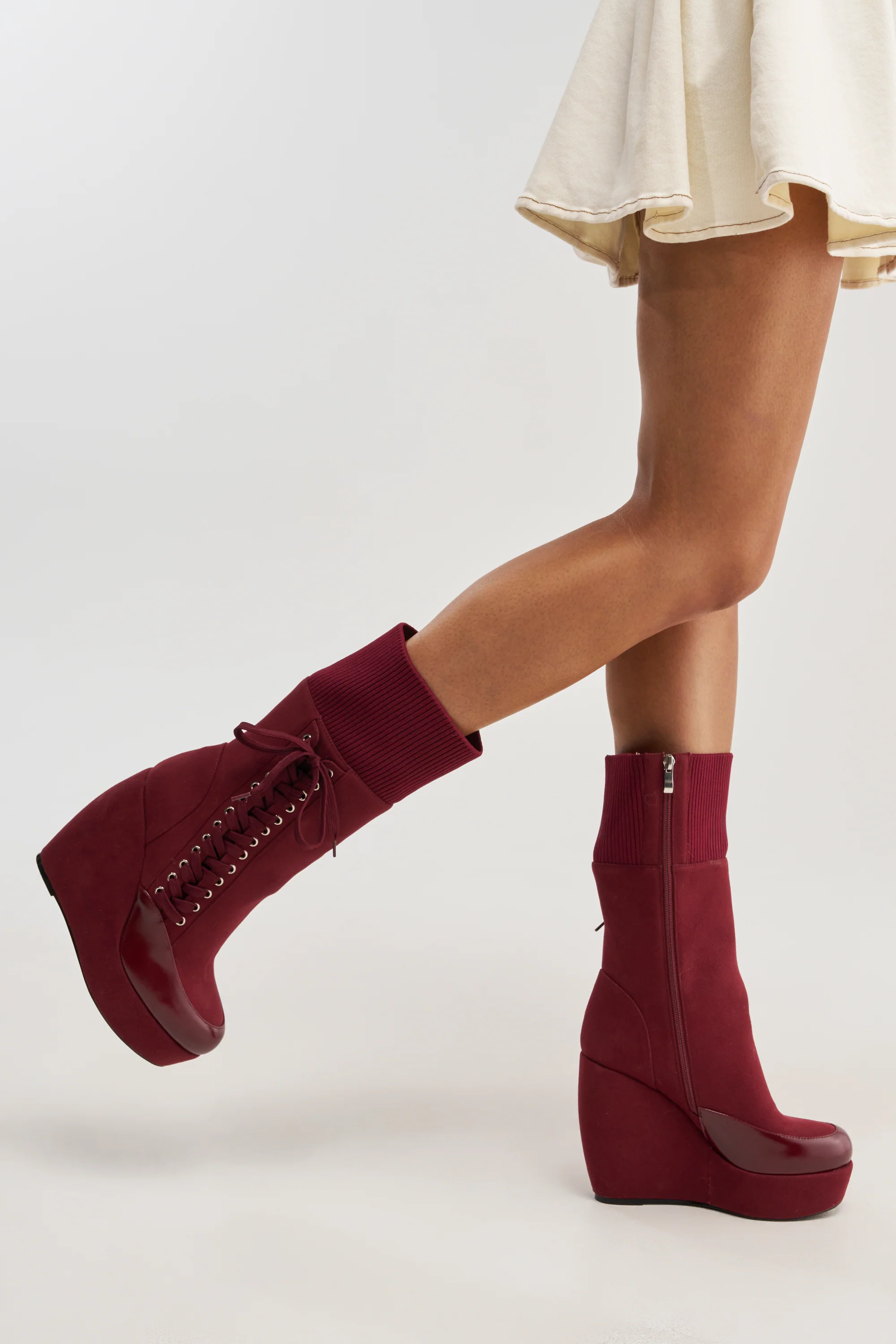 AKIRA GOLD WHATEVER BURGUNDY CANVAS WEDGE BOOTIE - Akira Store