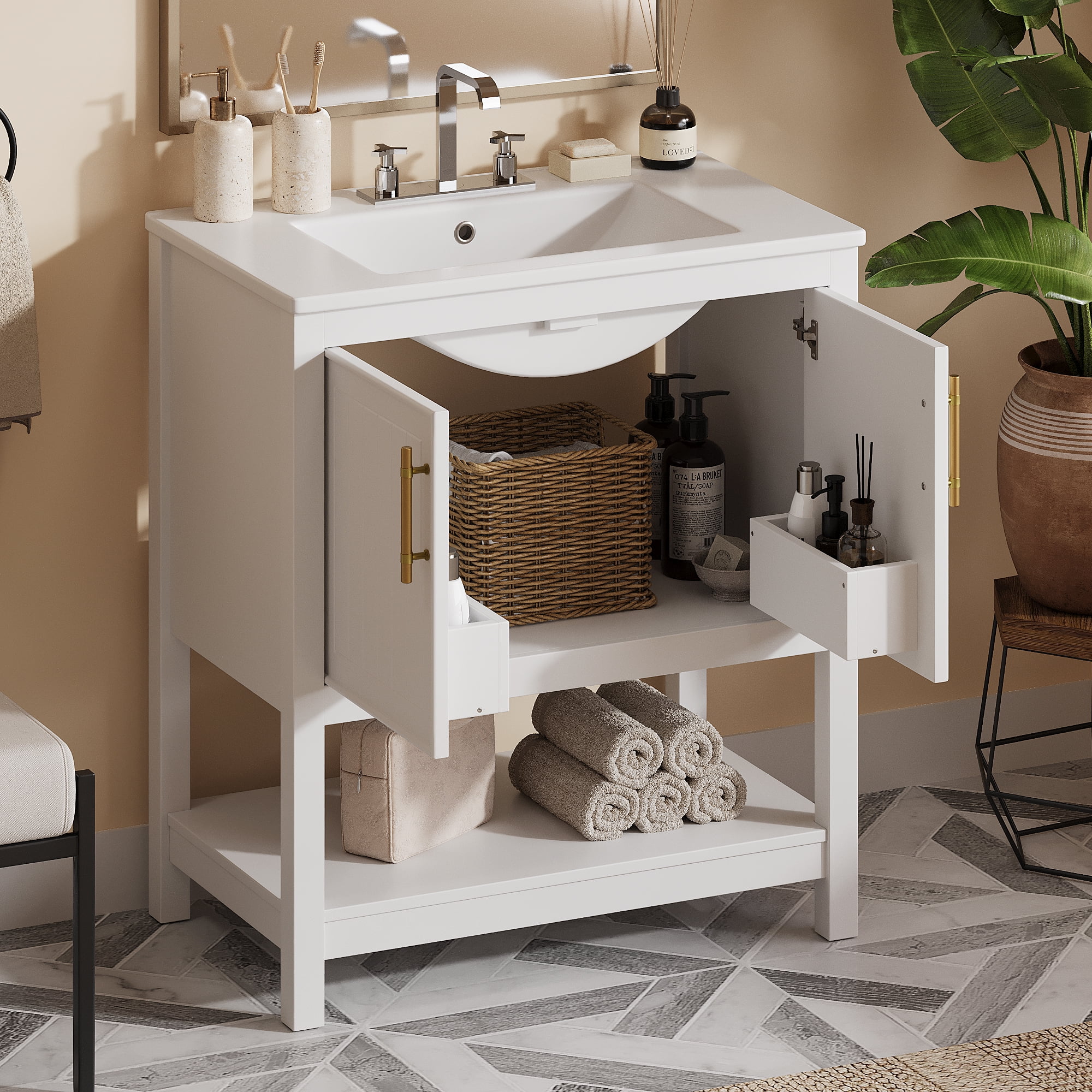 30-Inch White Bathroom Vanity with Ceramic Sink and Versatile Storage Ideal for Small Bathrooms, White(White) - Image 4