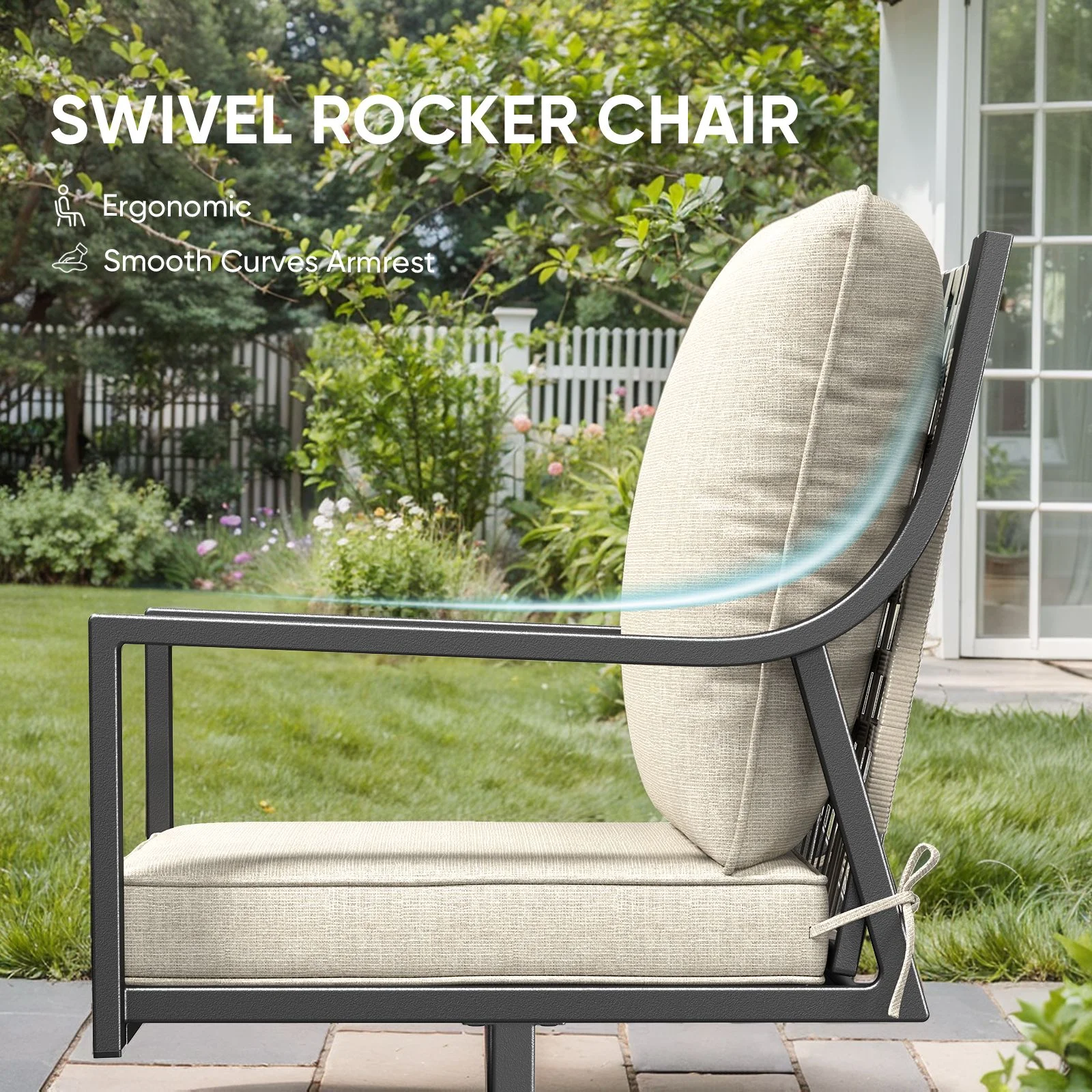 Swivel Rocker Patio Chairs Set of 4, Outdoor PE Wicker Dining Chairs with Beige Olefin Cushions and Gray Metal Frame, 360�� Swivel Rocking Motion for Garden Deck Porch(4 Pack) - Image 10