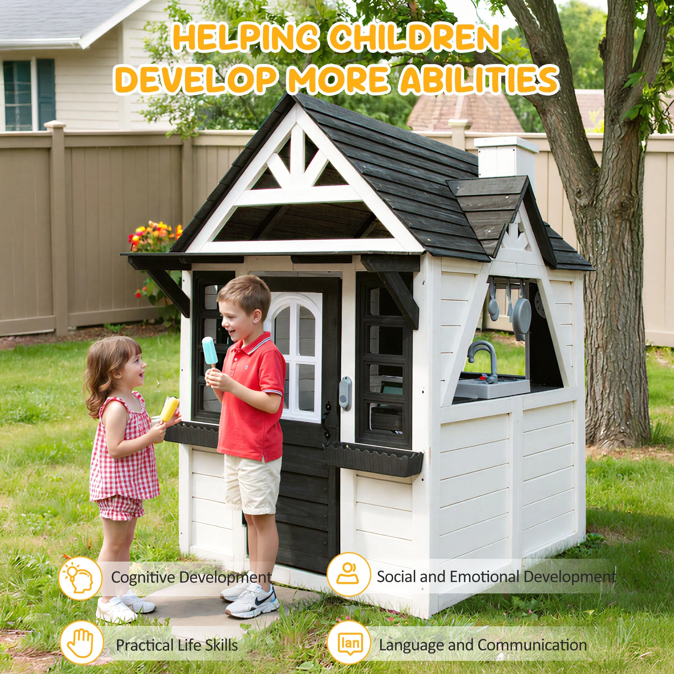 Outdoor Playhouse for Kids Ages 4-8, Wooden Play House with Doorbell, Phone, Kitchen Toys, Outdoor Kids Play Equipment, Casa Para Niñas (45”L x 65”H), White Black(Black+White) - Image 2