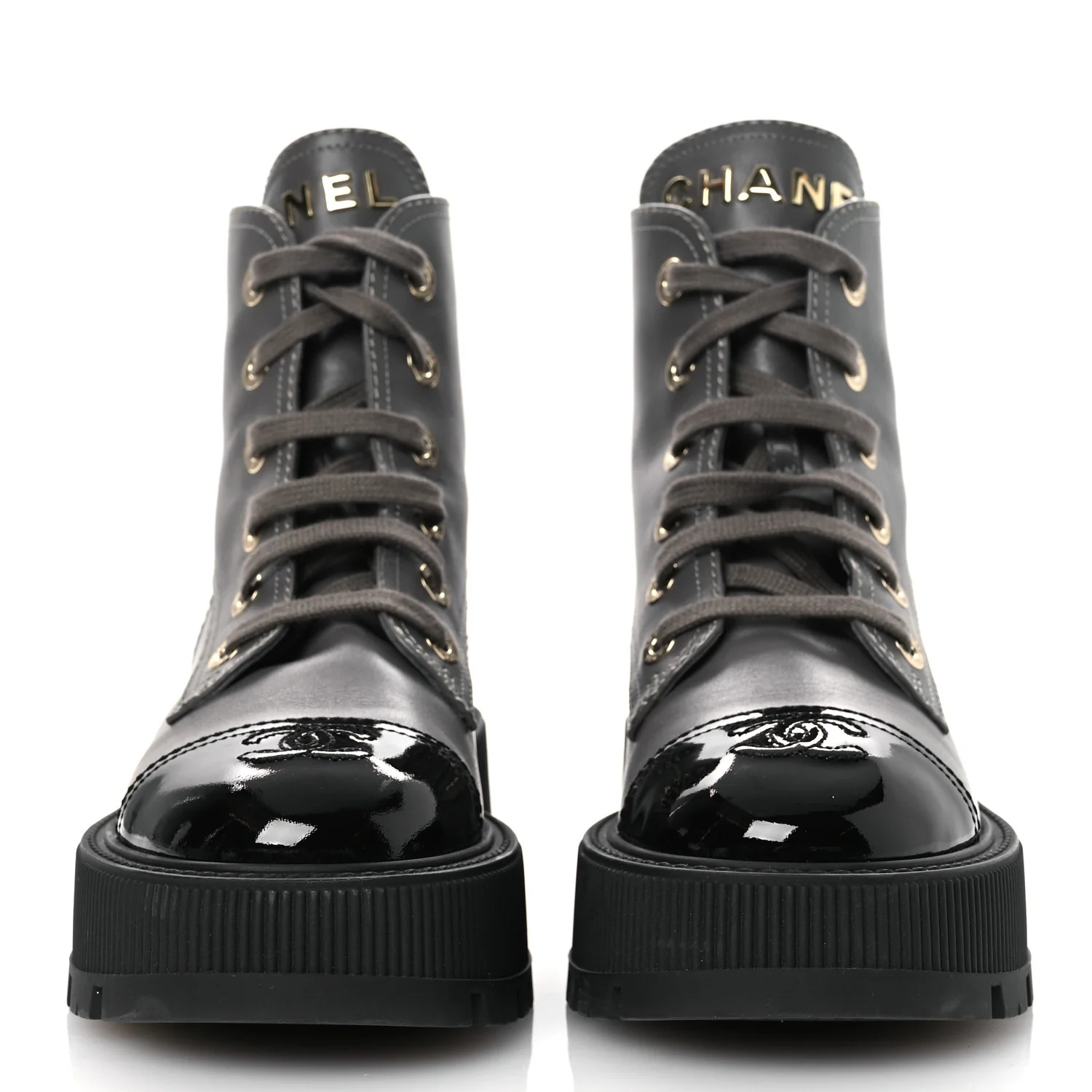 Calfskin Patent Calfskin CC Lace Up Combat Boots 36.5 Gray Black