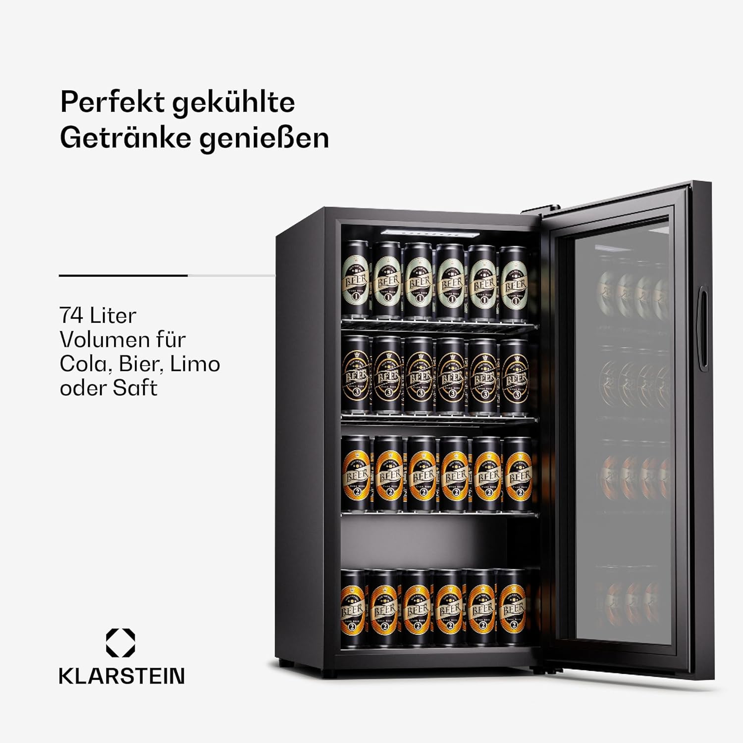 Klarstein Mini Koelkast met Glazen Deur voor Kamer, Drankenkoelkast met Verstelbare Planken, Klein 80 Liter, Indoor/Outdoor Koelkast Stil