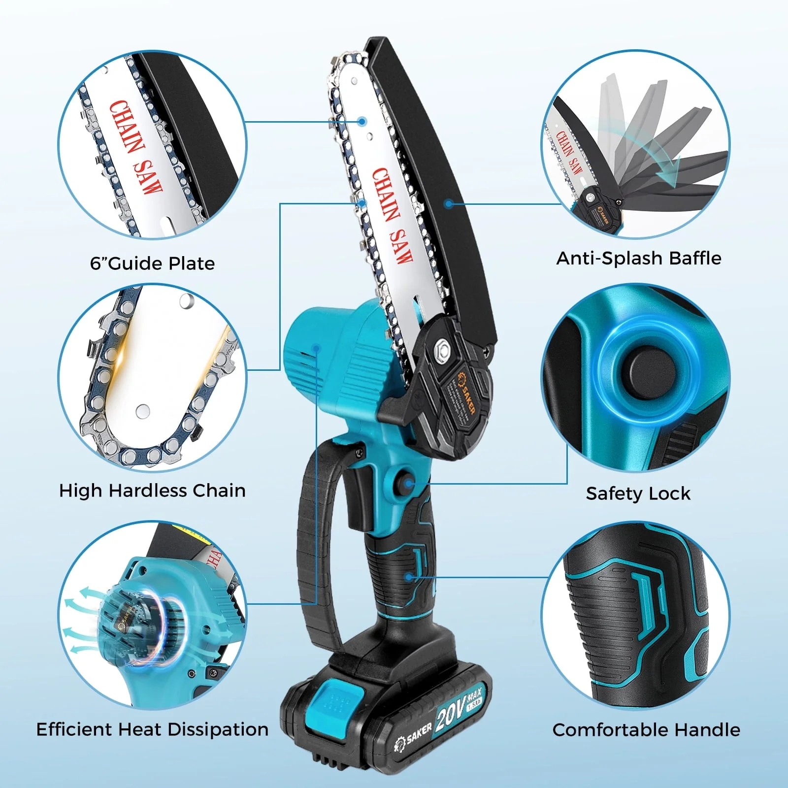 Saker 6 in Mini Chainsaw, Handheld Pruning Chainsaw, Electric Cordless Chainsaw for Tree Branches, Courtyard, Household & Garden, with 2PCS 20V 1500mah Batteries & 3 PCS Chains