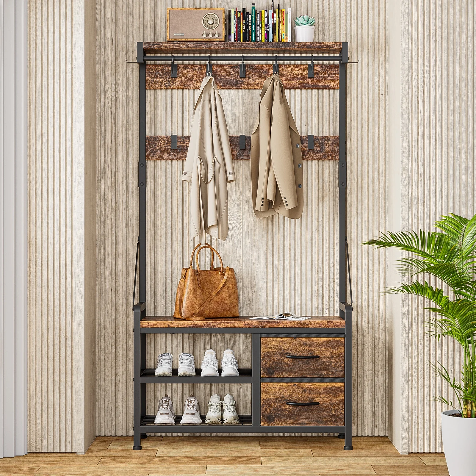 GIKPAL 5 in 1 Hall Tree, Entryway Bench with Coat Hooks Industrial Entryway Bench with 17 Hooks 2 Drawers and Top Shelf, for Hallway or Living Room, Rustic Brown(2 Drawers/Brown)