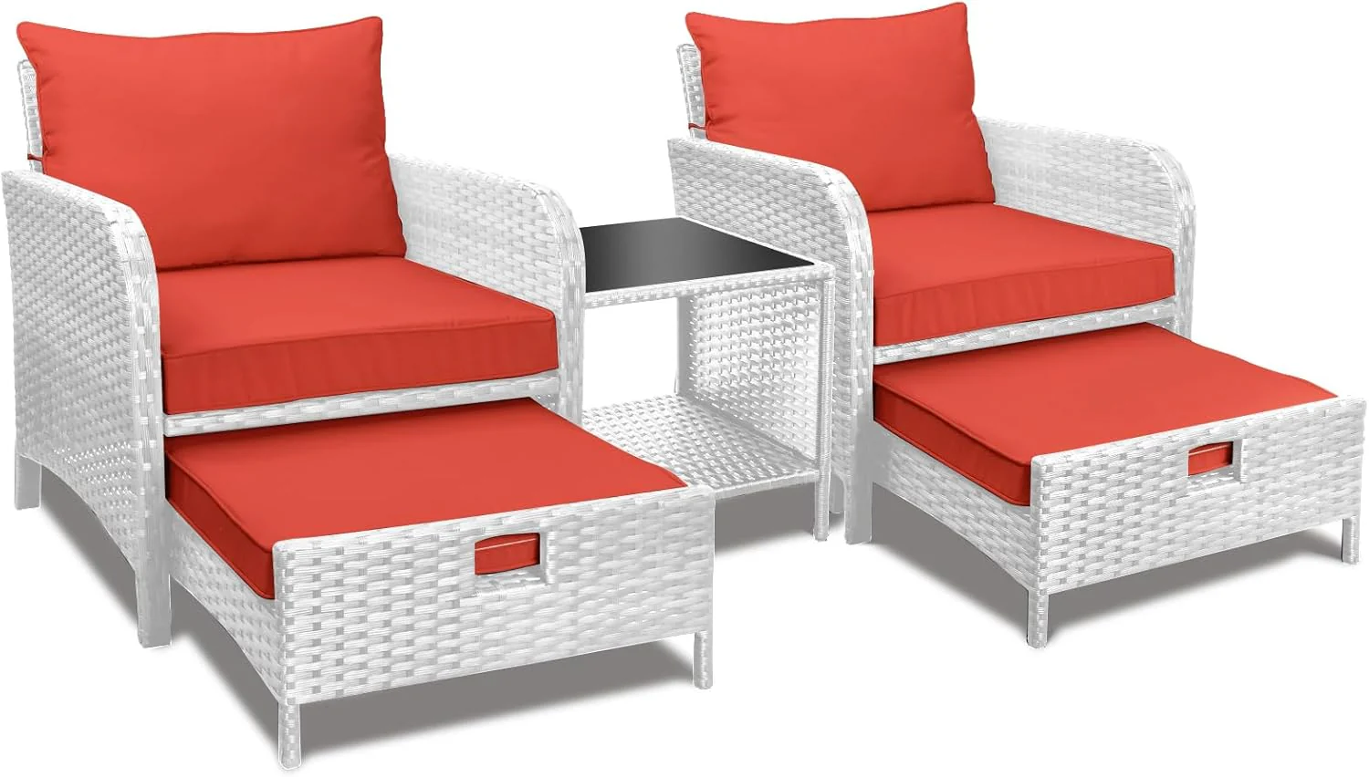 Ensemble de conversation 5 pièces pour balcon et terrasse LEVELEVE, comprenant des chaises longues d'extérieur en rotin tressé avec coussins moelleux, 2 poufs et une table en verre, coloris brun gazon.