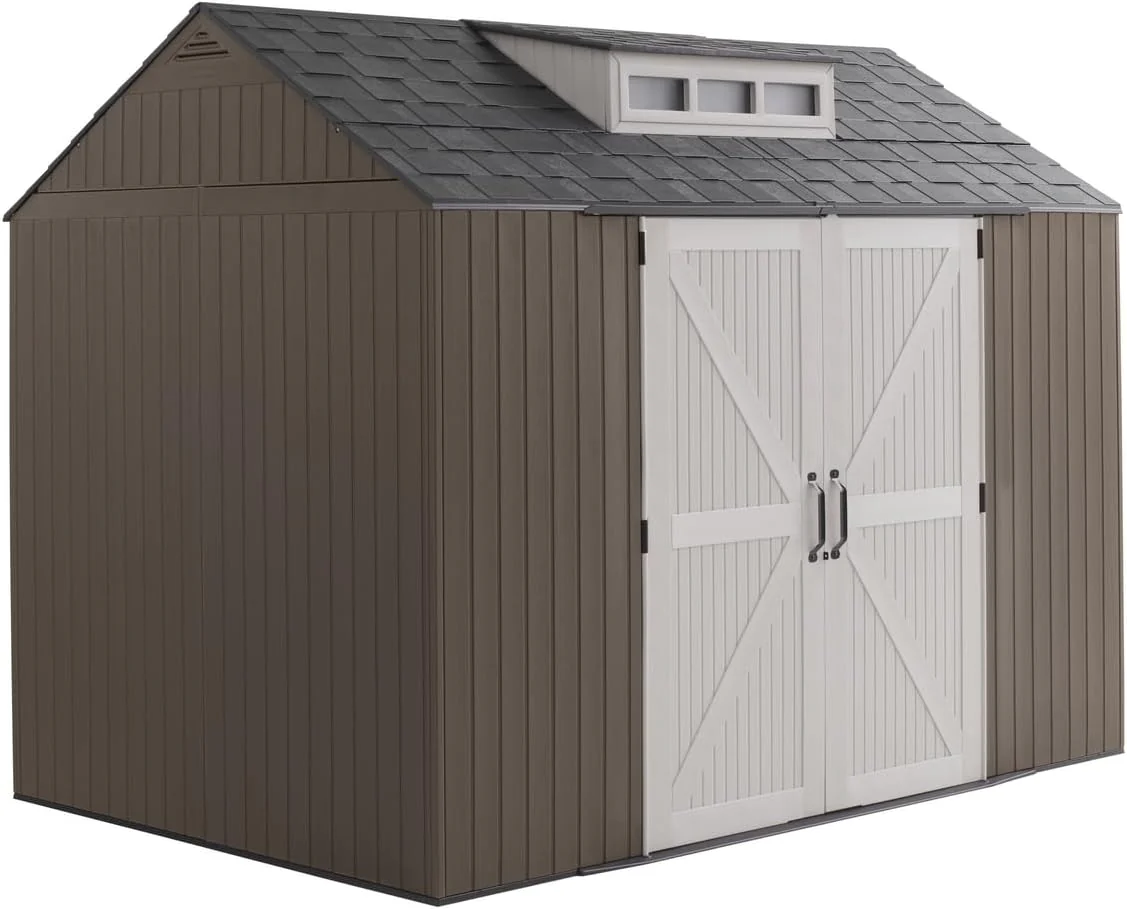 Abri de jardin Rubbermaid en résine avec plancher (2,13 m x 2,13 m), résistant aux intempéries, gris, idéal pour ranger outils de jardin, tondeuse à gazon, vélos et accessoires de piscine.