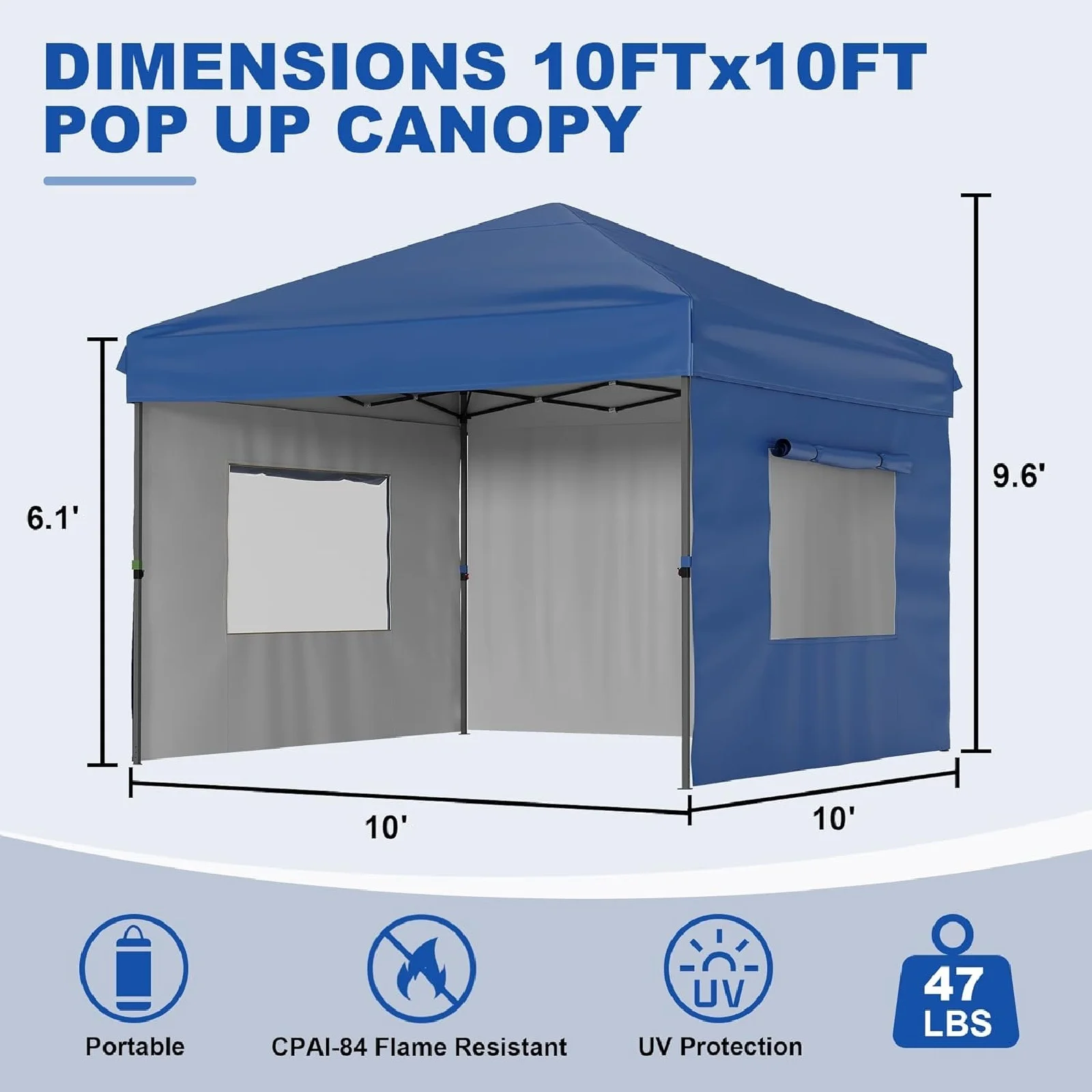 10x10FT Pop Up Canopy Tent, Folding Tent Shelter with 3 Removable Sidewalls, Easy Setup Outdoor Canopy, Height Adjustable Shelter Gazebos(10' x 10'/Blue) - Image 8