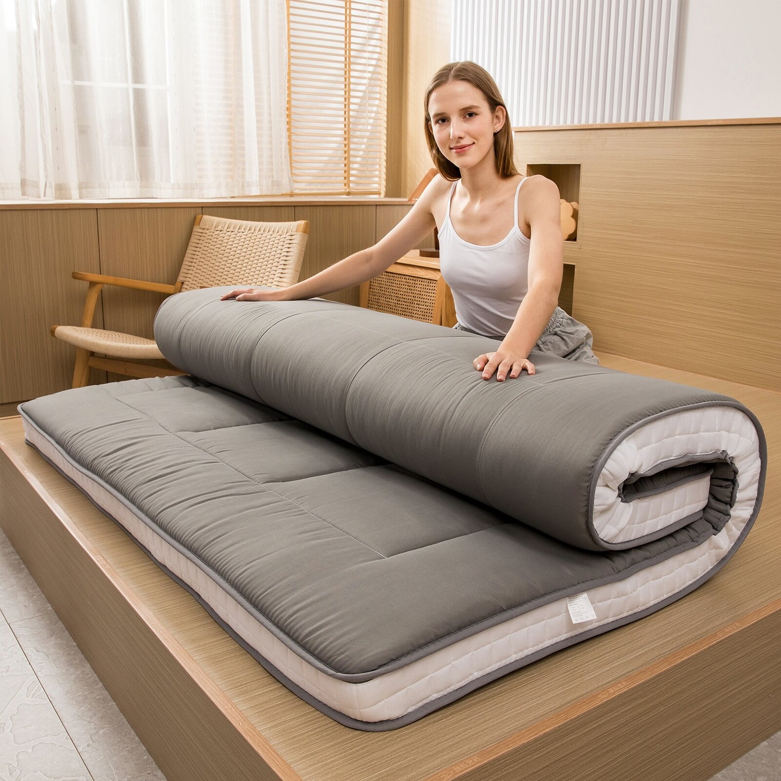 Mattress. Padded Japanese Floor Mattress Quilted Bed Mattress Topper. Extra Thick Folding Sleeping Pad. Dark Grey. Queen
