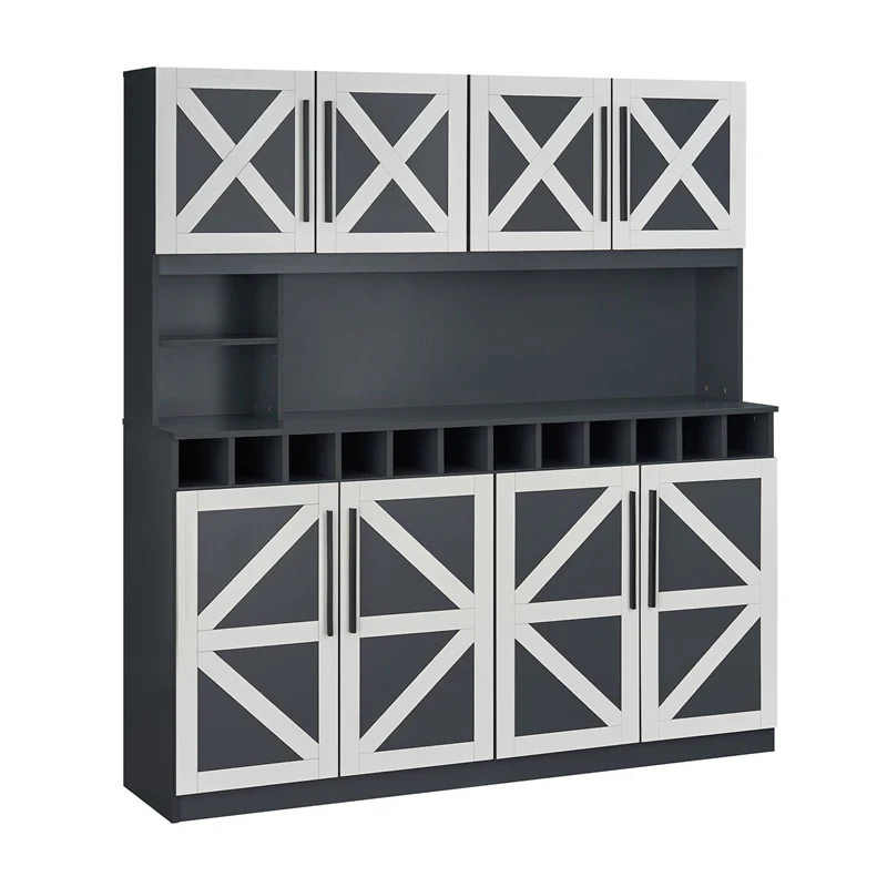 70" Farmhouse Pantry Cabinet, Kitchen Buffet Hutch with 12-Bottle Wine Rack, 8-Door Storage Cupboard, Large Countertop & Adjustable Shelves