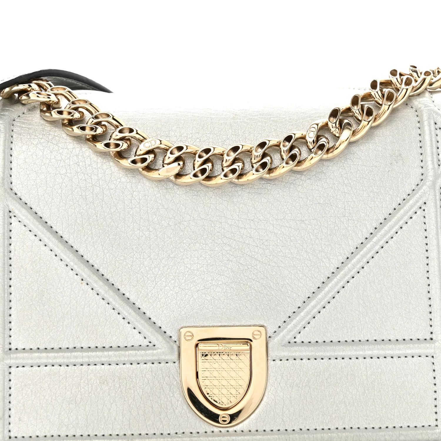Metallic Grained Calfskin Diorama Wallet on Chain Pouch Silver
