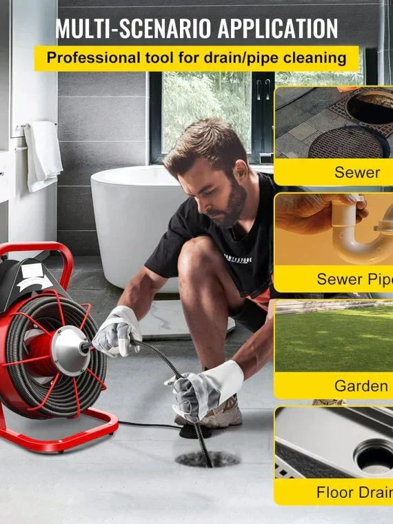 Electric Drain Cleaner Machine by Brand, 75 Ft x 3/8 Inch, Fits 1-4 Inch Pipes, Portable with 4 Cutters, Powerful Plumbing Tool for Clogs
